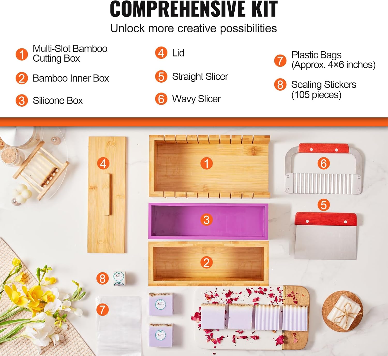 VEVOR Soap Making Kit, Bamboo Cutting Box and Inner Box with Silicone Mold, Stainless Steel Straight Cutter and Wavy Cutter, 100 Bags and 105 Stickers, Soap Making Supplies DIY Kits for Adults - Image 4