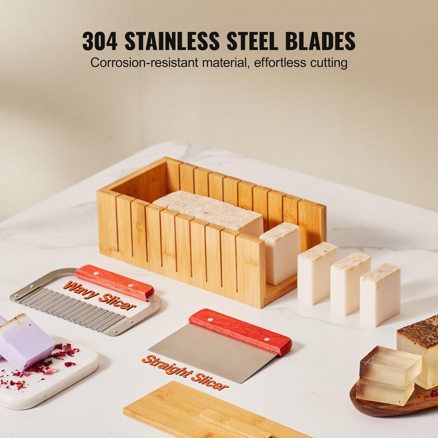 VEVOR Soap Making Kit, Bamboo Cutting Box and Inner Box with Silicone Mold, Stainless Steel Straight Cutter and Wavy Cutter, 100 Bags and 105 Stickers, Soap Making Supplies DIY Kits for Adults - Image 6