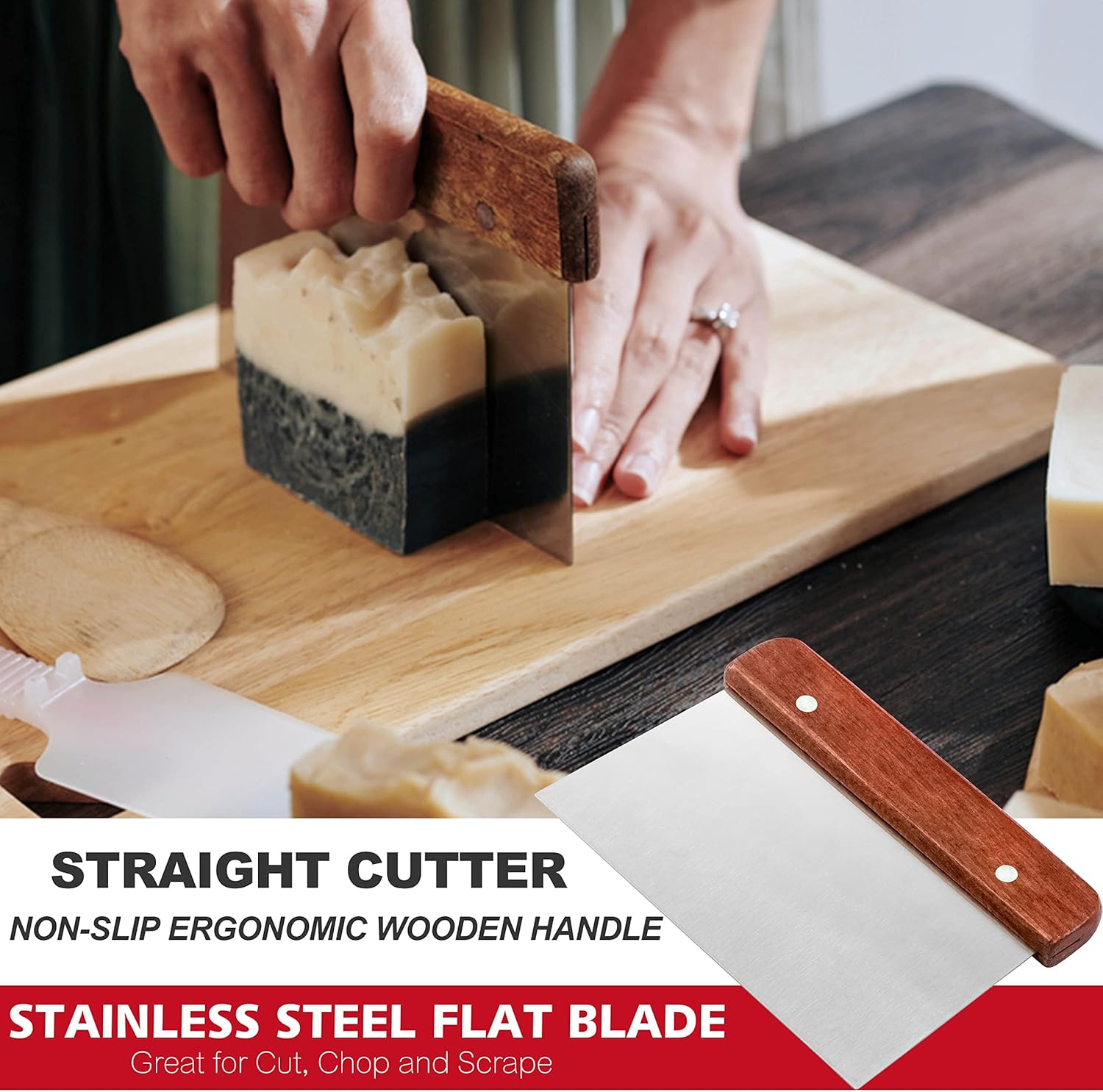 Lerykin 2 pcs Rectangular Soap Molds Kit with Cutters - 42oz Flexible Silicone Loaf Soap Mold with Wooden Box, Stainless Steel Wavy & Straight Scraper for Homemade Craft Soap Making Supplies - Image 7