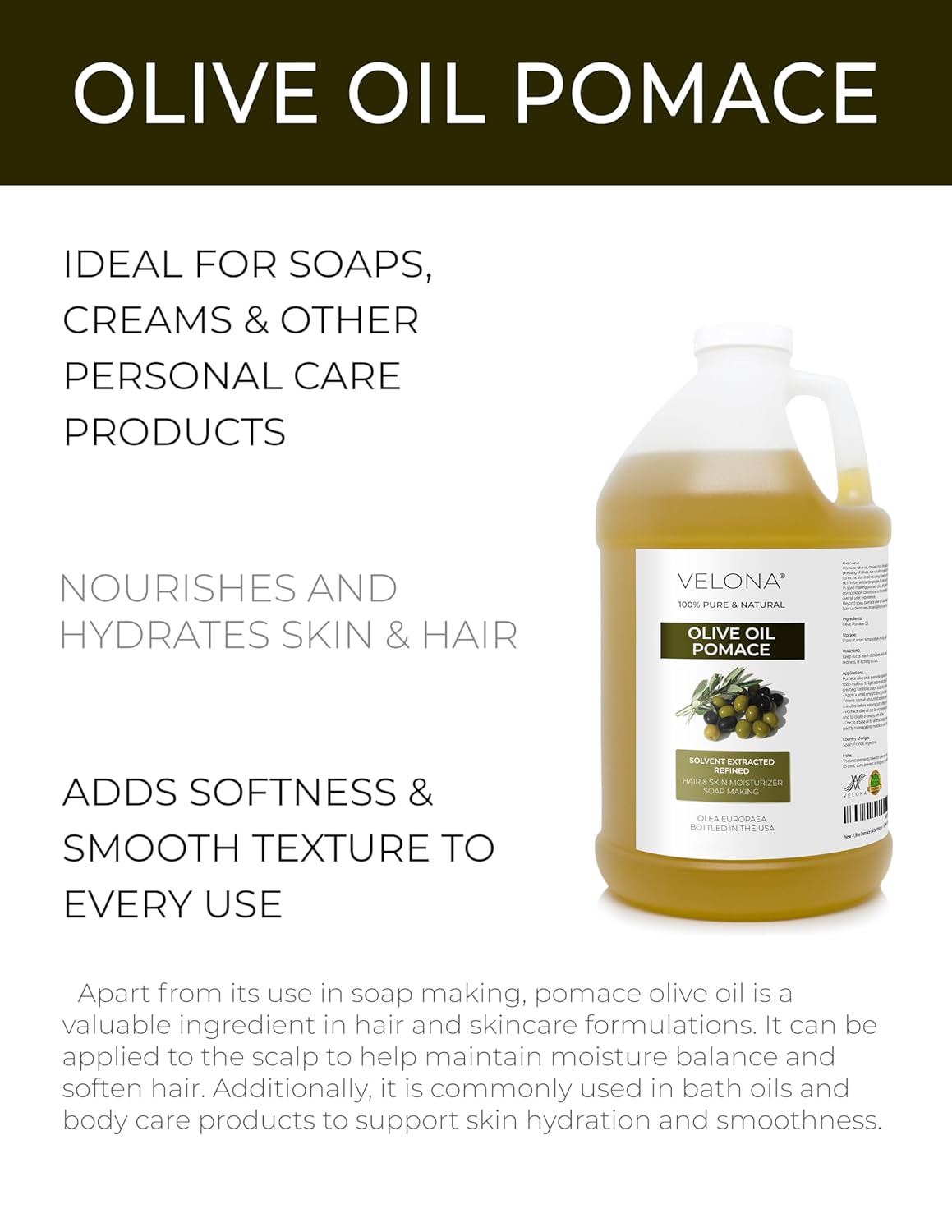 velona Olive Pomace Oil 64 Fl Oz | 100% Pure and Natural Carrier Oil | Refined | Skin, Hair, Body & Face Moisturizing | Use Today - Enjoy Results.