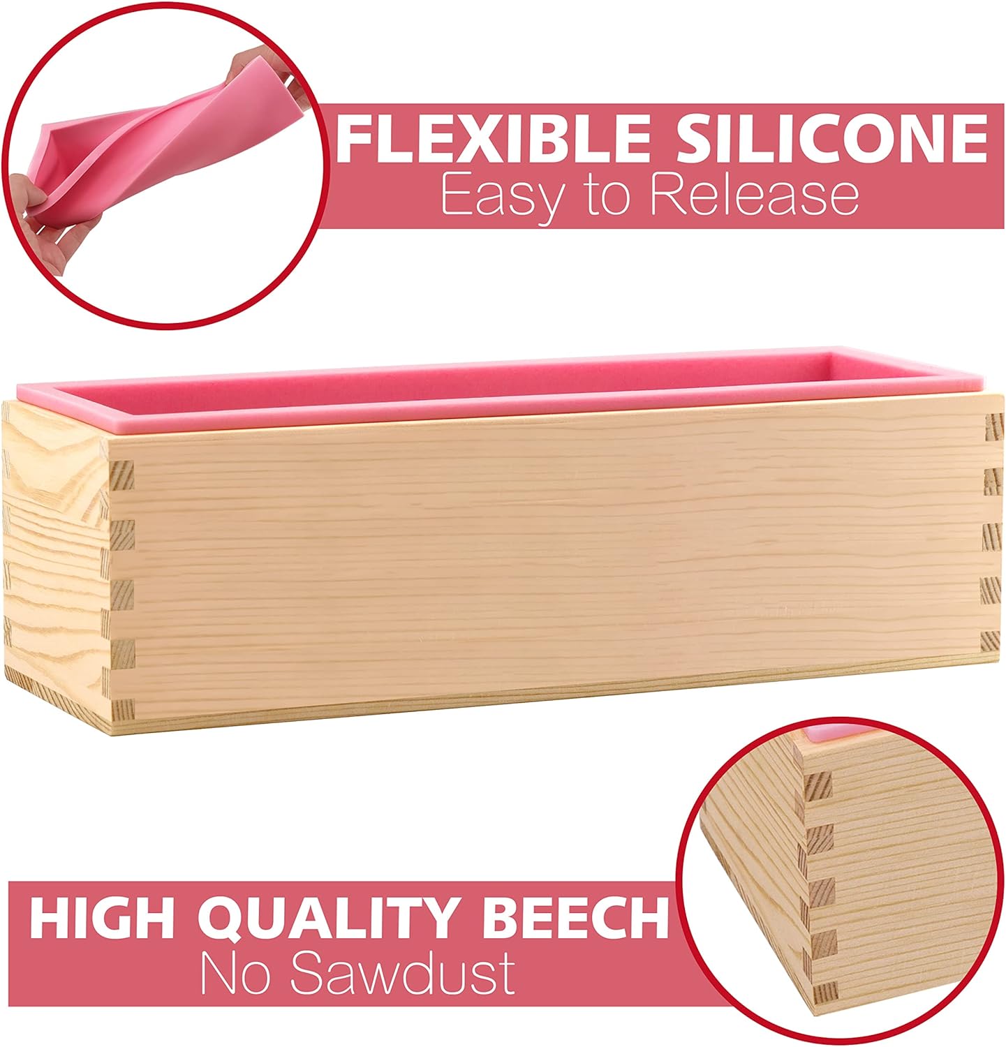 LERYKIN Rectangular Soap Mold Kit with Cutter- 42oz Flexible Silicone Loaf Soap Mold with Wood Box, Stainless Steel Wavy & Straight Scraper for Homemade Craft Soap Making Supplies - Image 5