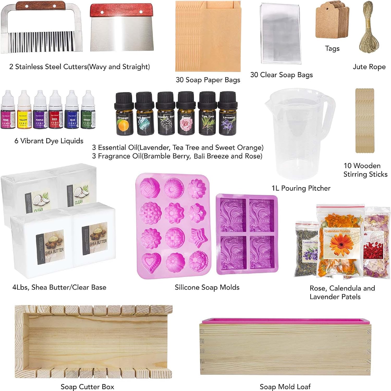 haclum Soap Making Kit for Adults and Kids - Soap Making Supplies with Melt & Pour Soap Base, Soap Loaf Molds, Cutting Box, Silicone Molds, Essential Oil & Fragrances Beginner DIY Craft Kits