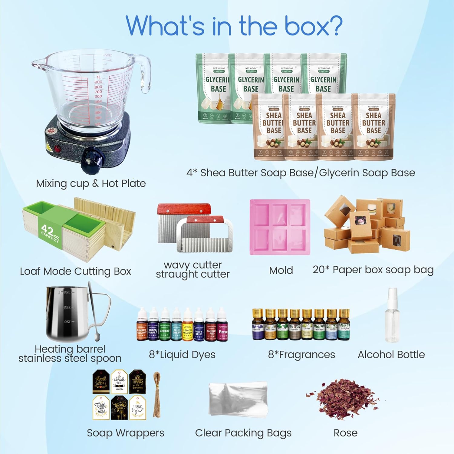 Deluxe Soap Making Supplies Kit for Adults, All-in-One Soap Making Kits with Soap Melter, 4.4 Lb Soap Base, 8 Essencial Oils,8 Dyestuffs, Silicone Molds, Soap Cutters and Packing Craft Soap Kit