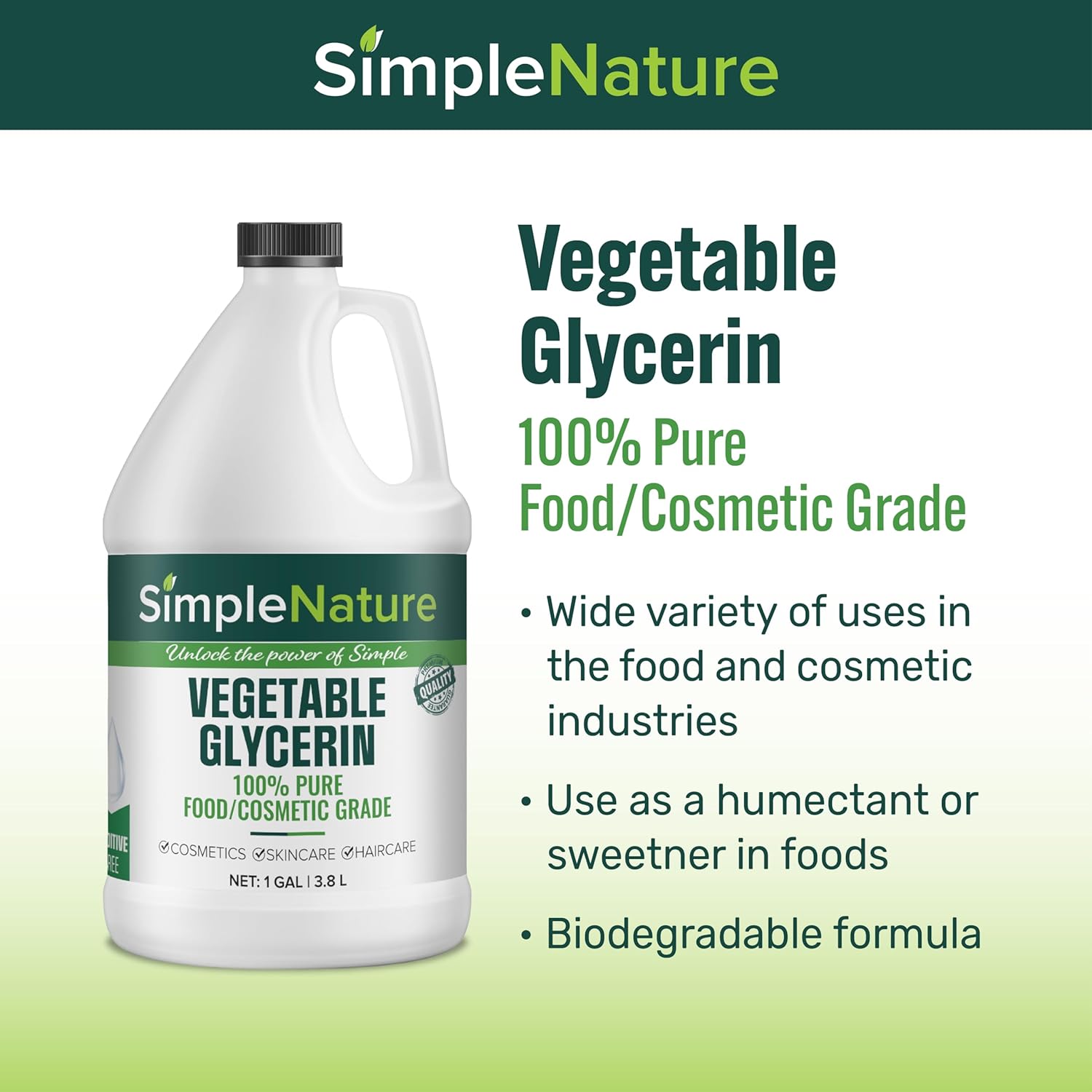 SimpleNature 100% Pure Vegetable Glycerin - 1 Gallon (128 fl oz) - Food/Cosmetic Grade Skincare, Haircare, Cosmetics, Soapmaking, Crafts - Softening & Moisturizing Multipurpose Humectant