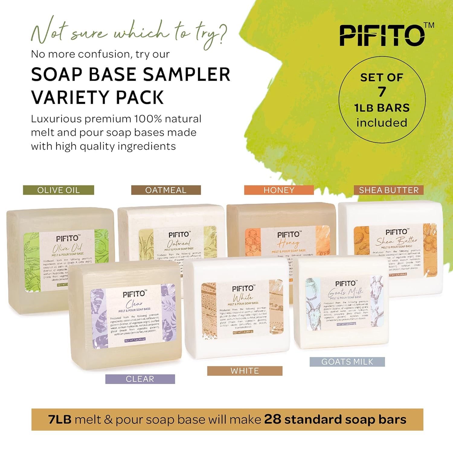 Pifito Melt and Pour Soap Base Sampler (7 lbs) │ Assortment of 7 Bases (1lb ea) │ Clear, White, Goats Milk, Shea Butter, Oatmeal, Honey, Olive Oil │ Glycerin Soap Making Supplies