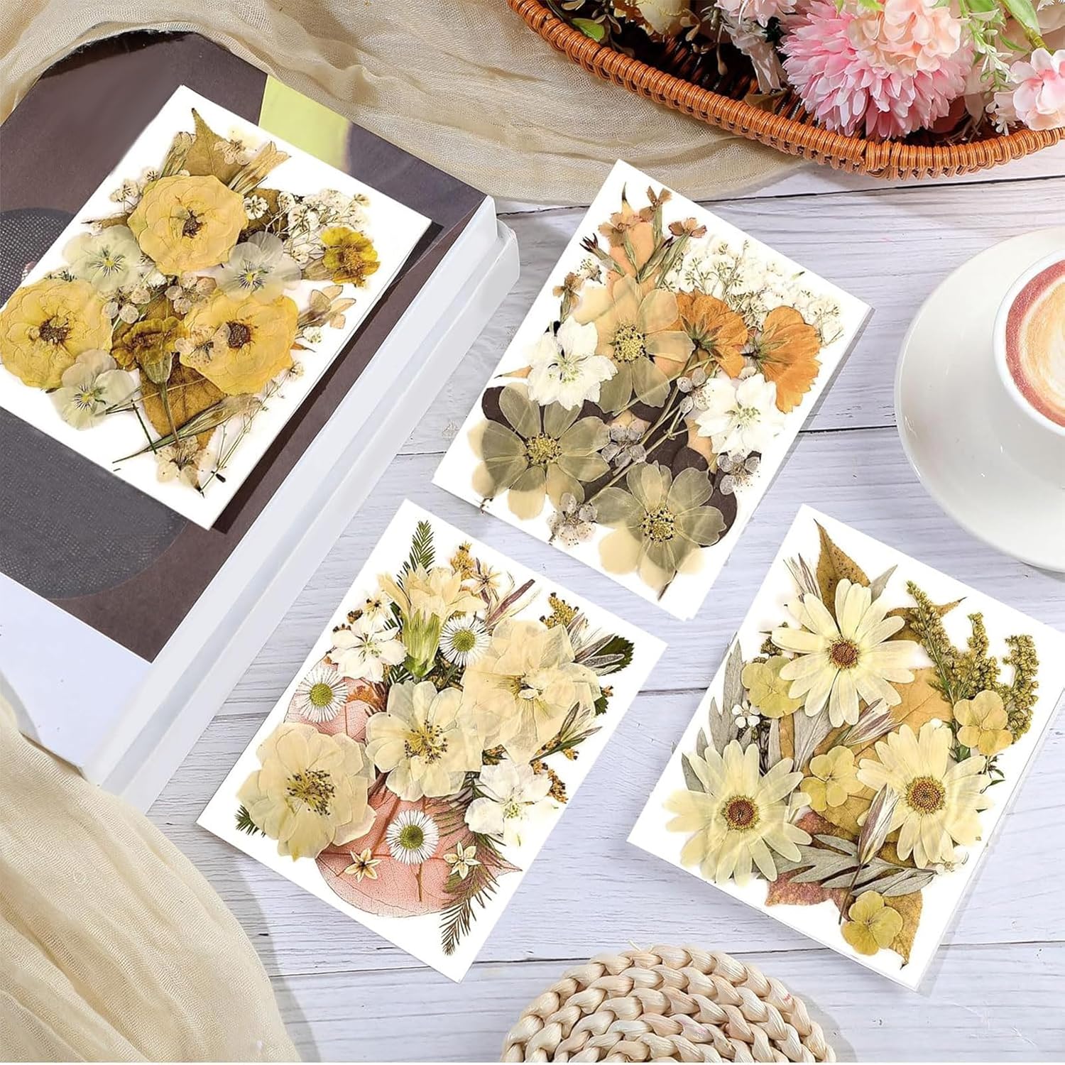 Nuanchu Pressed Flowers Bulk Dried Flower for Crafts, Dried Wildflowers Leave Natural with Tweezer for Resin Mold Scrapbooking Nail Soap Making DIY(Retro Style,Warm Color)