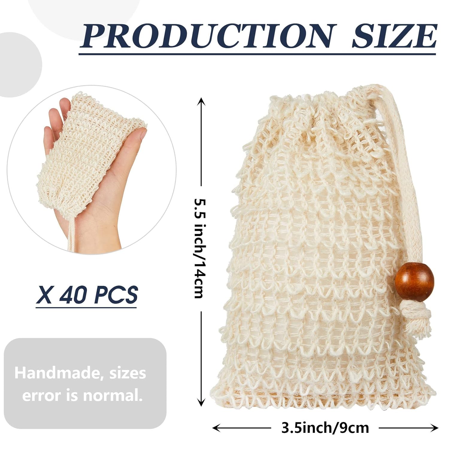 Cunhill 40 Pack Soap Saver Bag Exfoliating Soap Pouch with Drawstring Bar Wooden Bead Foaming and Drying Exfoliating Net for Bath and Shower (3.5x5.5 Inch)