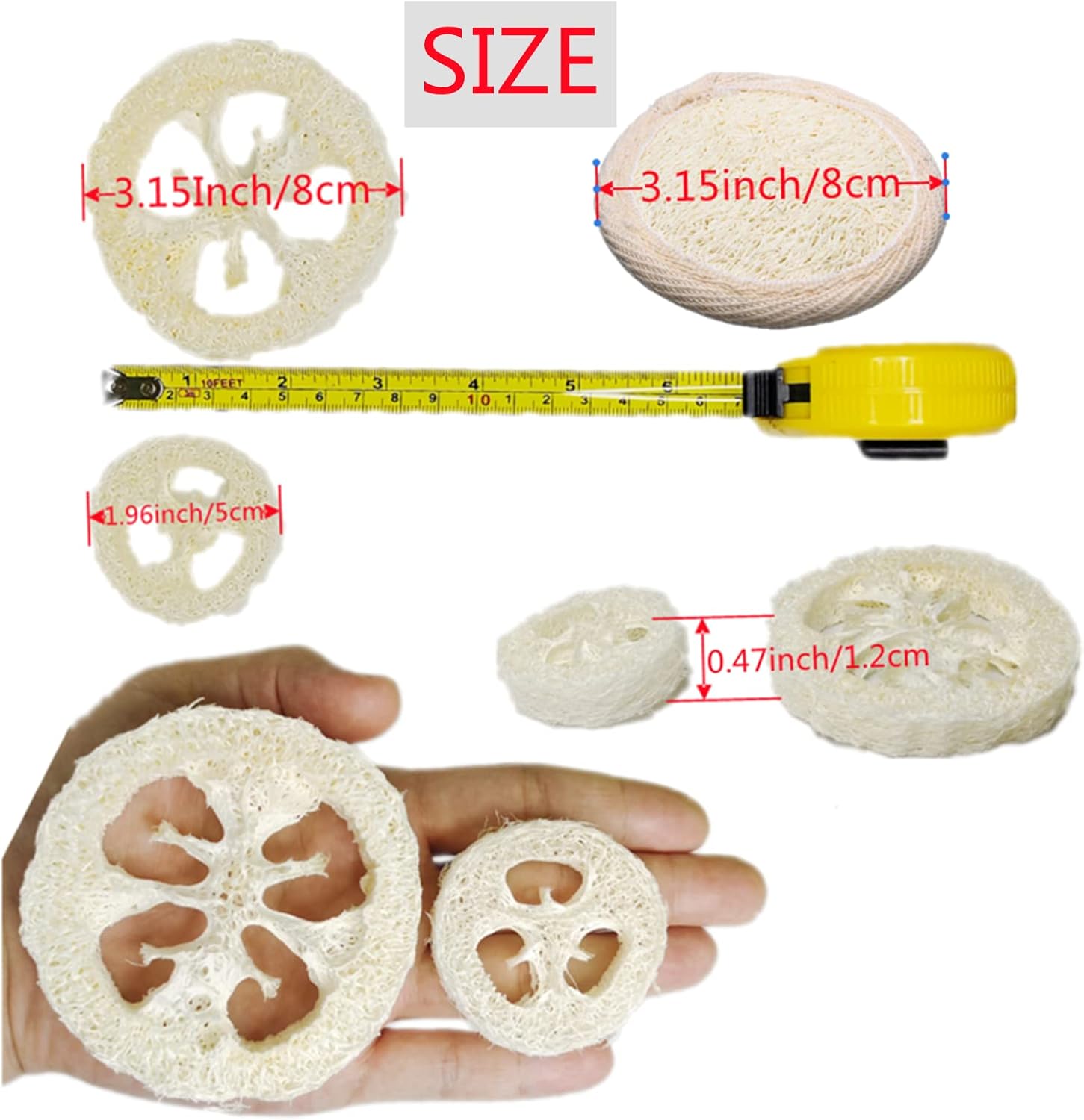 50Pcs Natural Loofah Slice of 1.96inch, Reusable Natural Loofah Cuts for Cleaner Sponge Scrubber, Facial Soap Holder and DIY Customize Soap Tools, with 3Pcs Exfoliating Loofah Pad and 1 Storage Bag