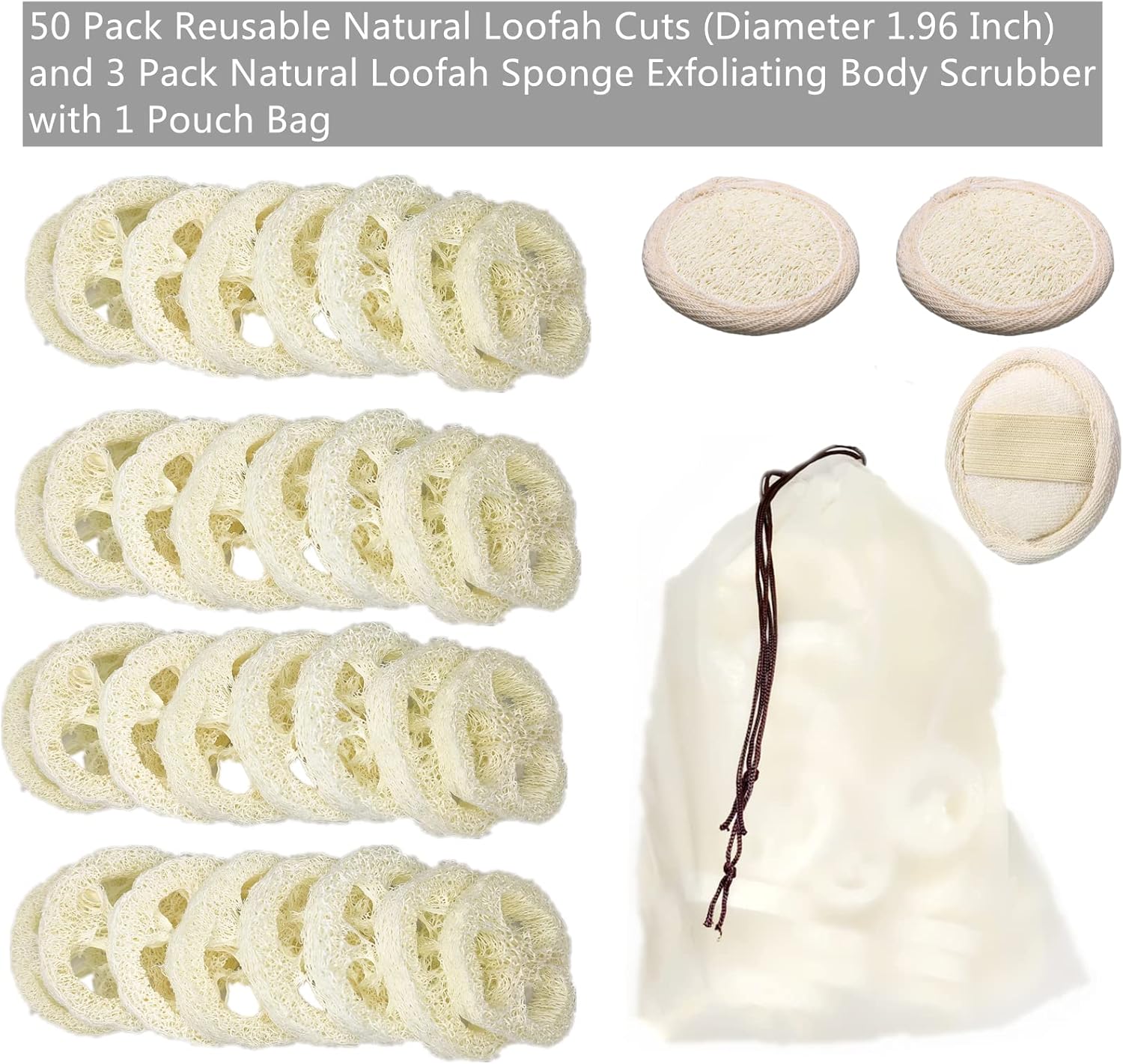 50Pcs Natural Loofah Slice of 1.96inch, Reusable Natural Loofah Cuts for Cleaner Sponge Scrubber, Facial Soap Holder and DIY Customize Soap Tools, with 3Pcs Exfoliating Loofah Pad and 1 Storage Bag - Image 2