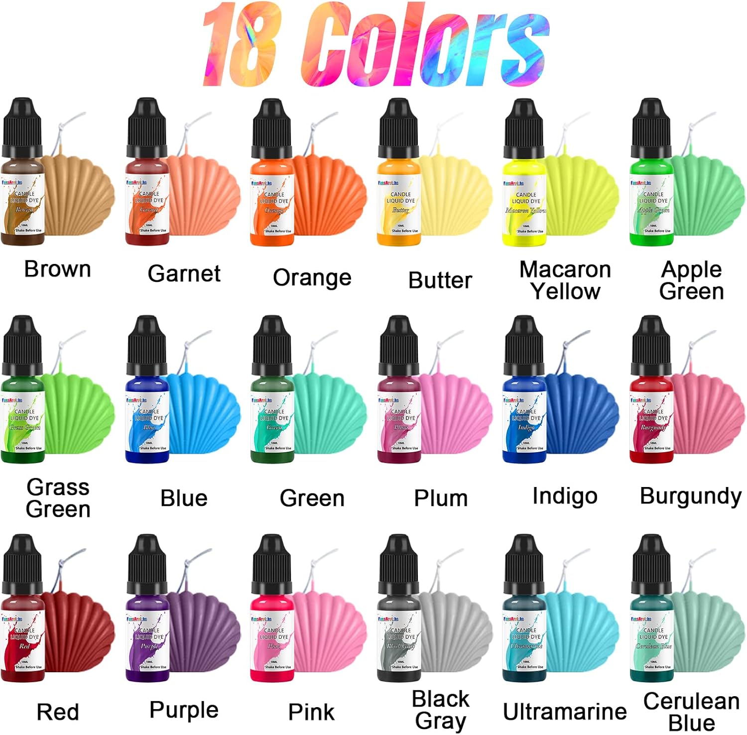 FansArriche Candle Dye - 18 Colors Liquid Oil-Based Dye for Candle Wax, Vivid Candle Color for DIY Candle Making, Highly Concentrated Natural Candle Color