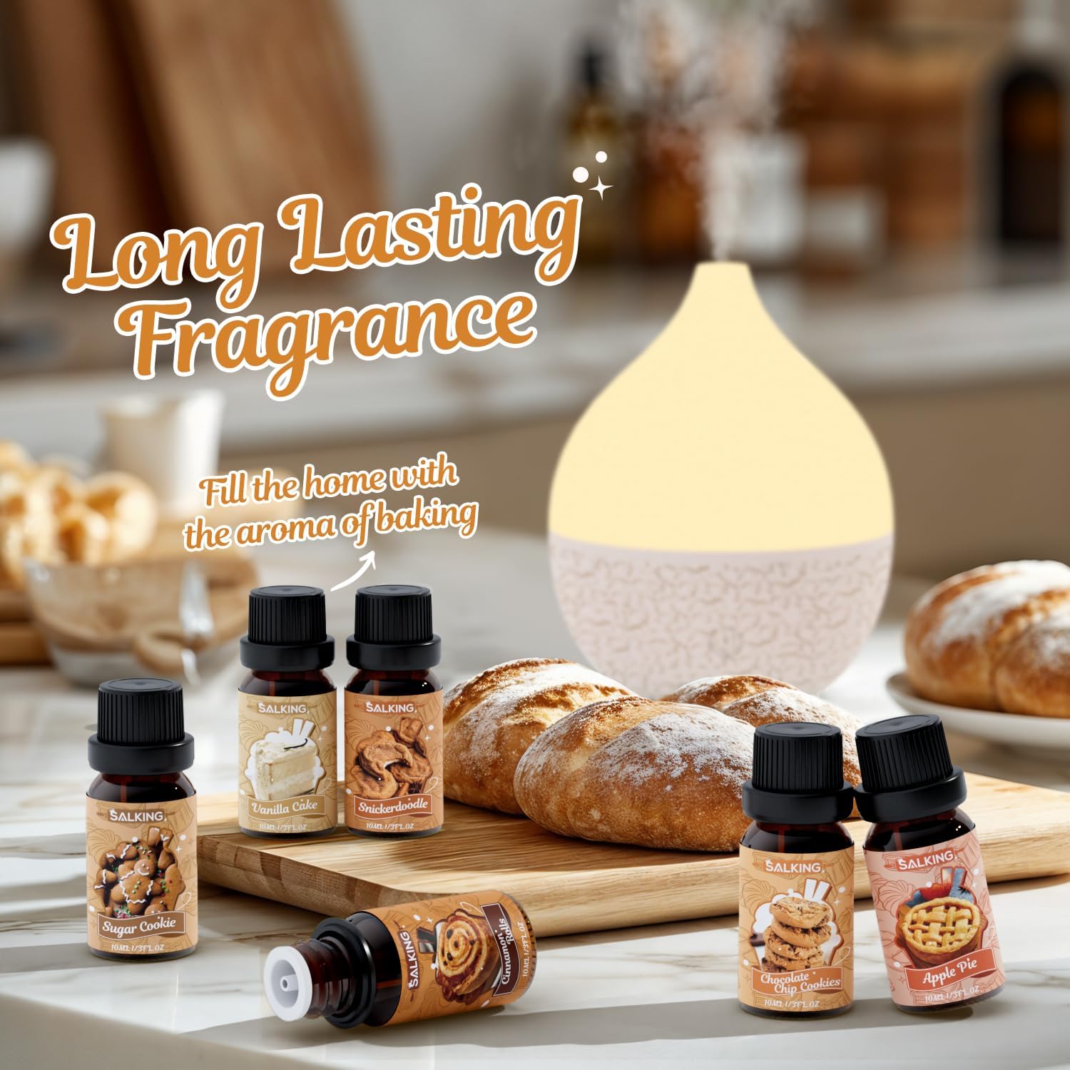 SALKING Bakery Fragrance Oils, Premium Essential Oil for Diffuser, Scented Oil Set for Soap Candle Making - Chocolate Chip Cookies, Apple Pie, Cinnamon Rolls, Vanilla Cake, Snickerdoodle, Sugar Cookie