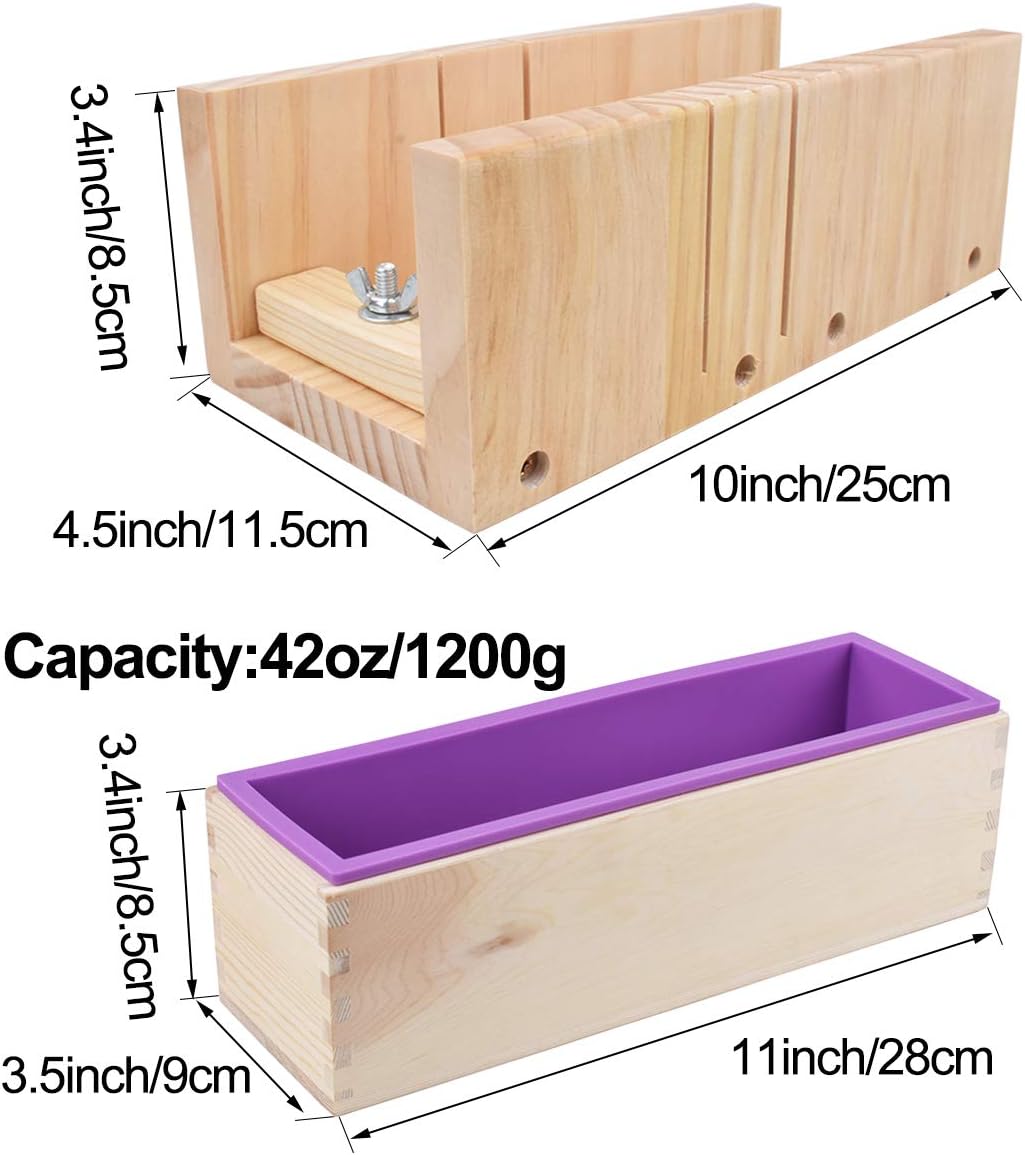 Loaf Soap Making Cutting Kit,Silicone Soap Making Liner Adjustable Wood Box with Stainless Steel Wavy+Straight Cutter for DIY Soap Making