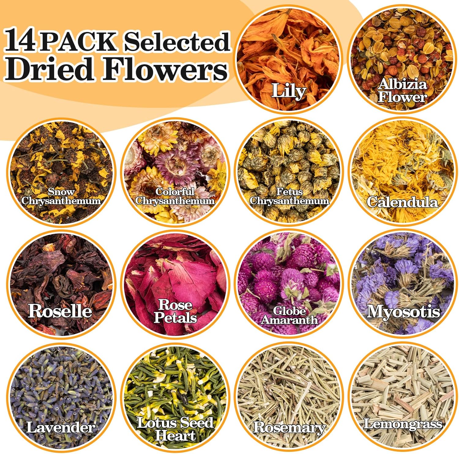 Sukh Dried Herbs Kit - Dried Botanicals Bulk,14 Bags Natural Dry Flowers and Herbs for Soap,Candle,Perfume,Bath Bombs,Resin Jewelry Making Supplies,Fragrance Sachet DIY and Witchcraft