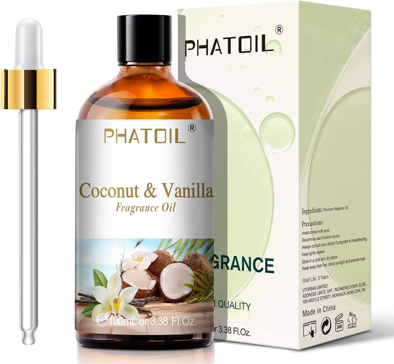 PHATOIL 3.38FL.OZ Coconut & Vanilla Fragrance Oils for Aromatherapy, Essential Oils for Diffusers for Home, Perfect for Diffuser, Yoga, DIY Candle and Soap Making - 100ml