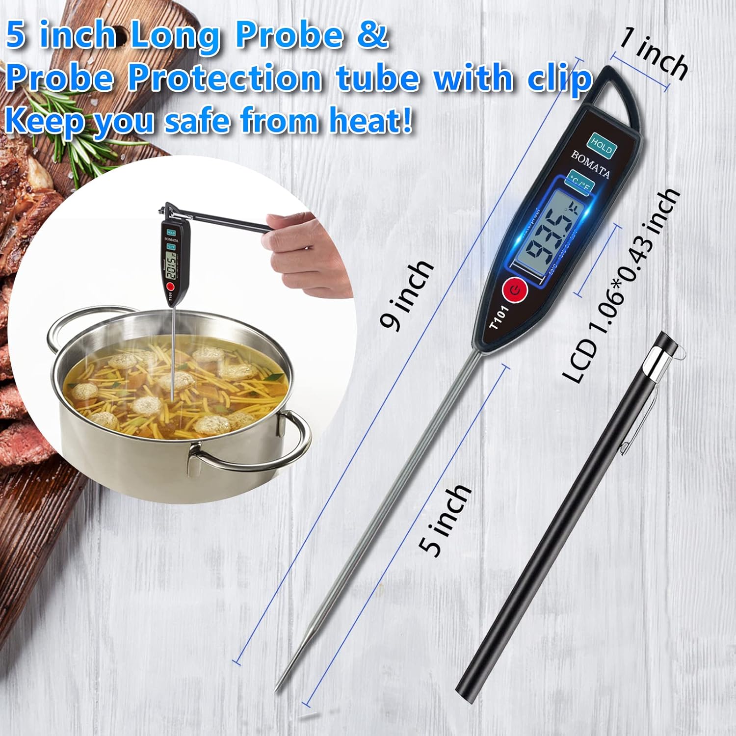 BOMATA Digital Water Thermometer for Water, Liquid, Candle and Cooking. Instant Read Food Thermometer Waterproof IPX7 with Long Probe for Cooking, Meat, BBQ! T101 (Black Color)u2026