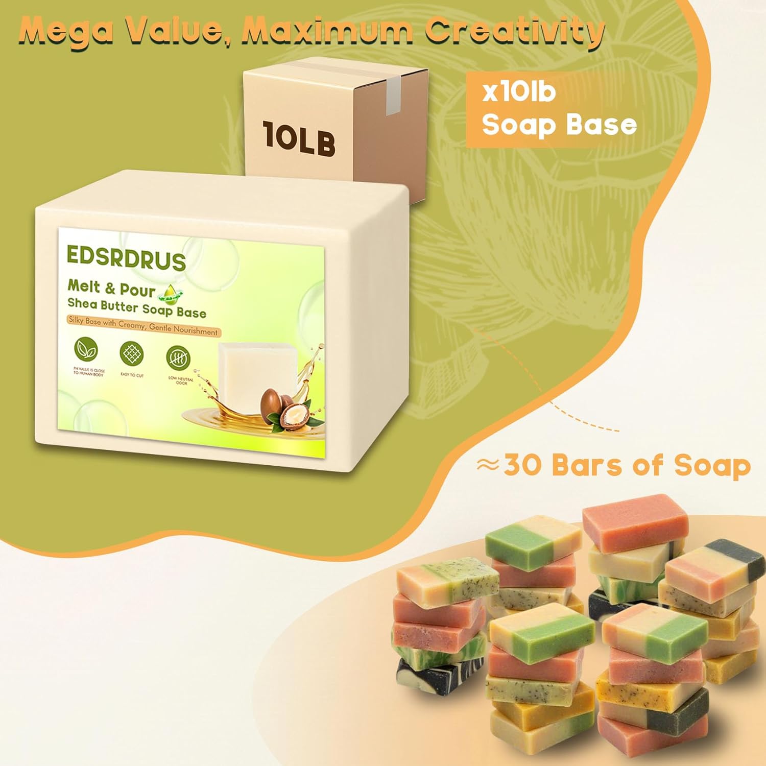 EDSRDRUS 10lb Unscented Melt and Pour Soap Base, Fragrance-Free Glycerin Soap Making Supplies for DIY Crafting u2013 Smooth Melt, Rich Lather, Moisturizing (Shea Butter, 10 Pound)