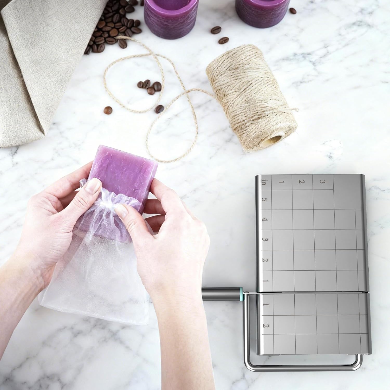 Soap Cutter Kit for Soap Making - Equipped with 10PCS Mesh Soap Bags Set,Stainless Steel Soap Slicer Machine with Scale | Soap Cutting Tool Professional for DIY Handmade Soap and Candle,Bar Soap Pouch