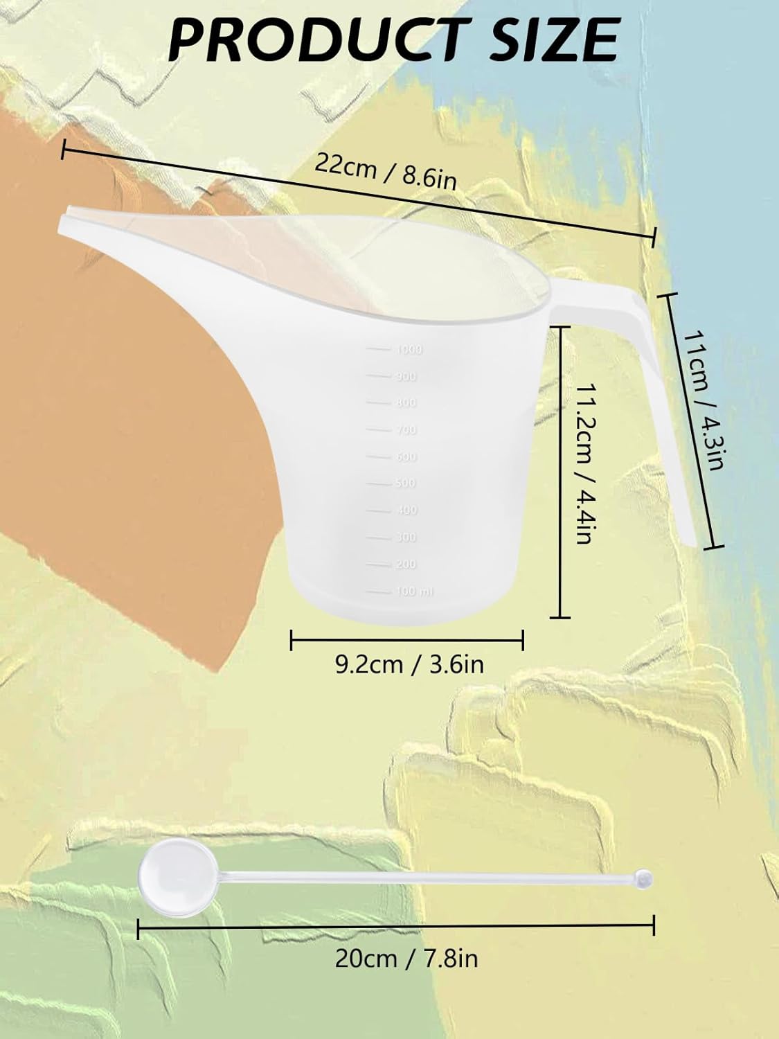 Artcome Funnel Pitcher Set - 4 Pack, 1000ml Plastic Measuring Pitchers with Funnels, 4 Stirring Rods, and 15 Small Measuring Cups for Soap Making, Resin Casting, Baking, and DIY Crafts