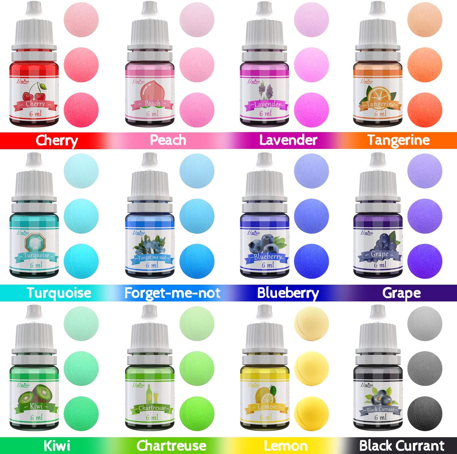Limino 12 Color Bath Bomb Soap Dye - Skin Safe, Food Grade Coloring for Soap Making Supplies, DIY Bath Bomb Supplies Kit, Slime, Crafts - with Instructions