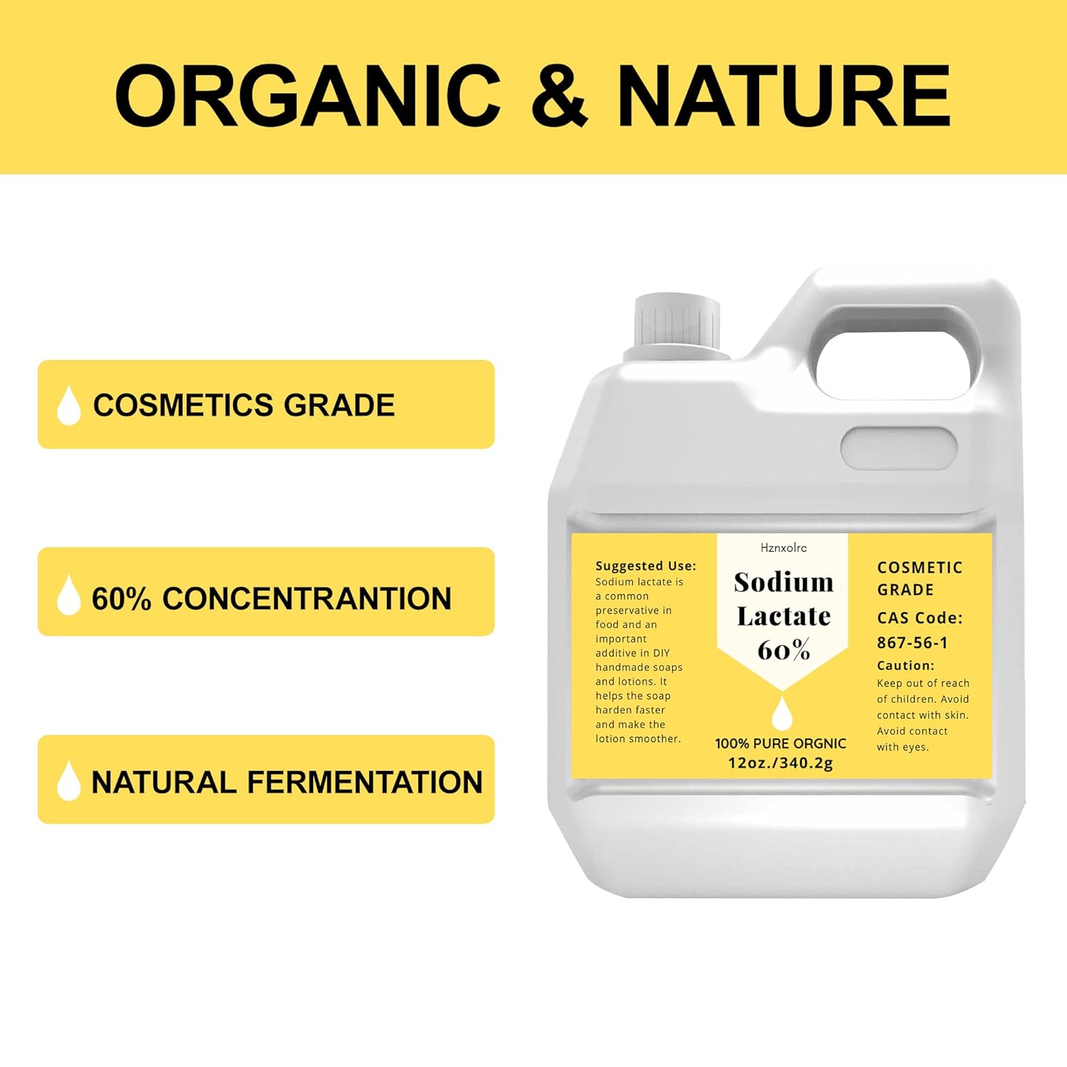 12 oz (Net Wt) Sodium Lactate for Soap Making & Lotions, Premium Sodium Lactate Liquid, 60% Concentration, Cosmetic Grade, Moisturize Anti-Aging, Makes Soap Harder and Unmold Faster