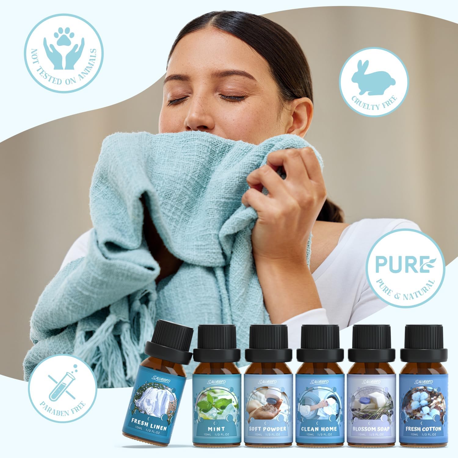 SALUBRITO Clean Fragrance Oils Set, Premium Essential Oils Set for Diffuser, Candle, Soap Making, Fresh Cotton, Clean Home, Fresh Linen, Soft Powder, Blossom Soap, Mint, Strong Scented Oils