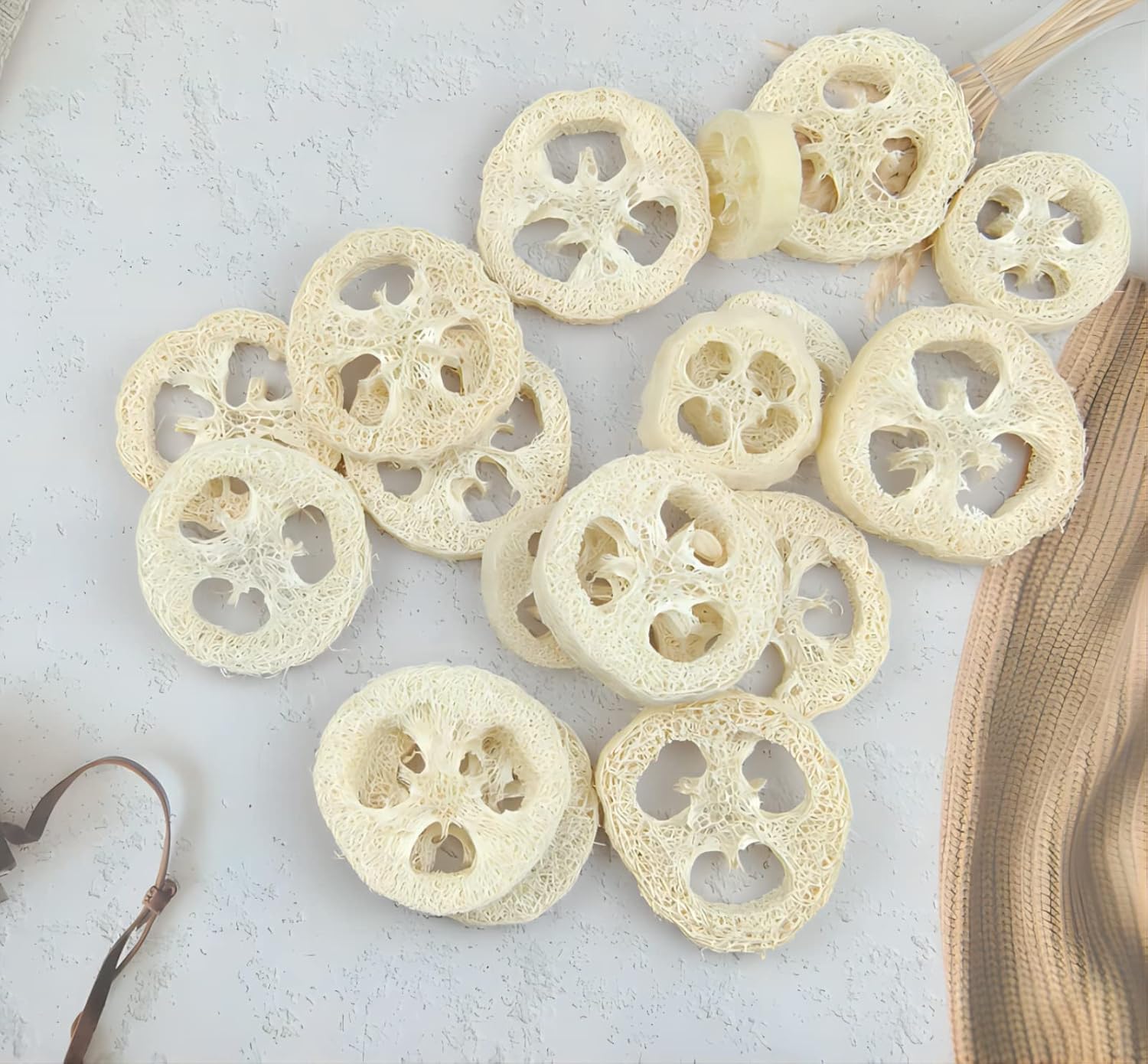 50Pcs Natural Loofah Slice of 1.96inch, Reusable Natural Loofah Cuts for Cleaner Sponge Scrubber, Facial Soap Holder and DIY Customize Soap Tools, with 3Pcs Exfoliating Loofah Pad and 1 Storage Bag - Image 5