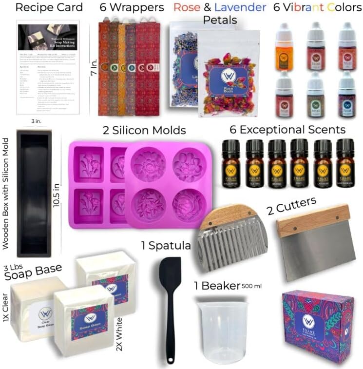 Wallace & Williamson Deluxe Soap Making Kit - Adults & Kids - Modern Floral Theme - Includes Shea Butter Soap Base, Molds, Scents, Dyes, Tools & Instructions