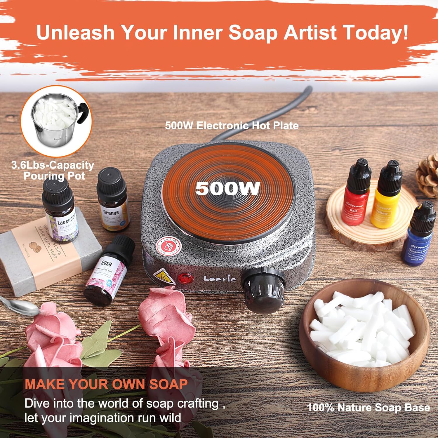 Leerie 3.6Lbs Soap Making Kit with Electronic Hot Plate, 1.6 Lb Glycerin Soap Base, Pouring Pot, Silicon Mold, Spoon,3 Essential Oils for Soap Making,3 Liquid Dyes, Melt & Pour Soap DIY Kits SMK500 - Image 3