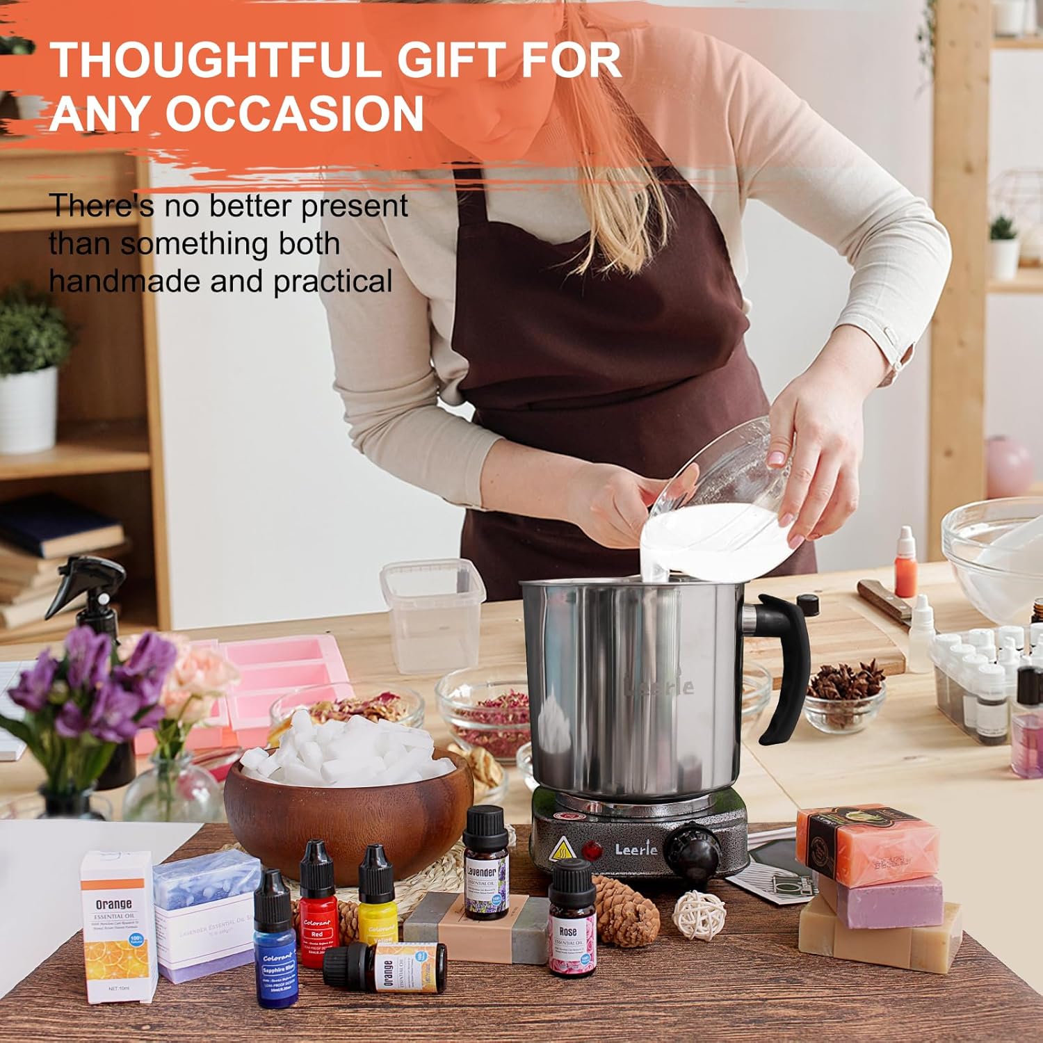 Leerie 3.6Lbs Soap Making Kit with Electronic Hot Plate, 1.6 Lb Glycerin Soap Base, Pouring Pot, Silicon Mold, Spoon,3 Essential Oils for Soap Making,3 Liquid Dyes, Melt & Pour Soap DIY Kits SMK500 - Image 6