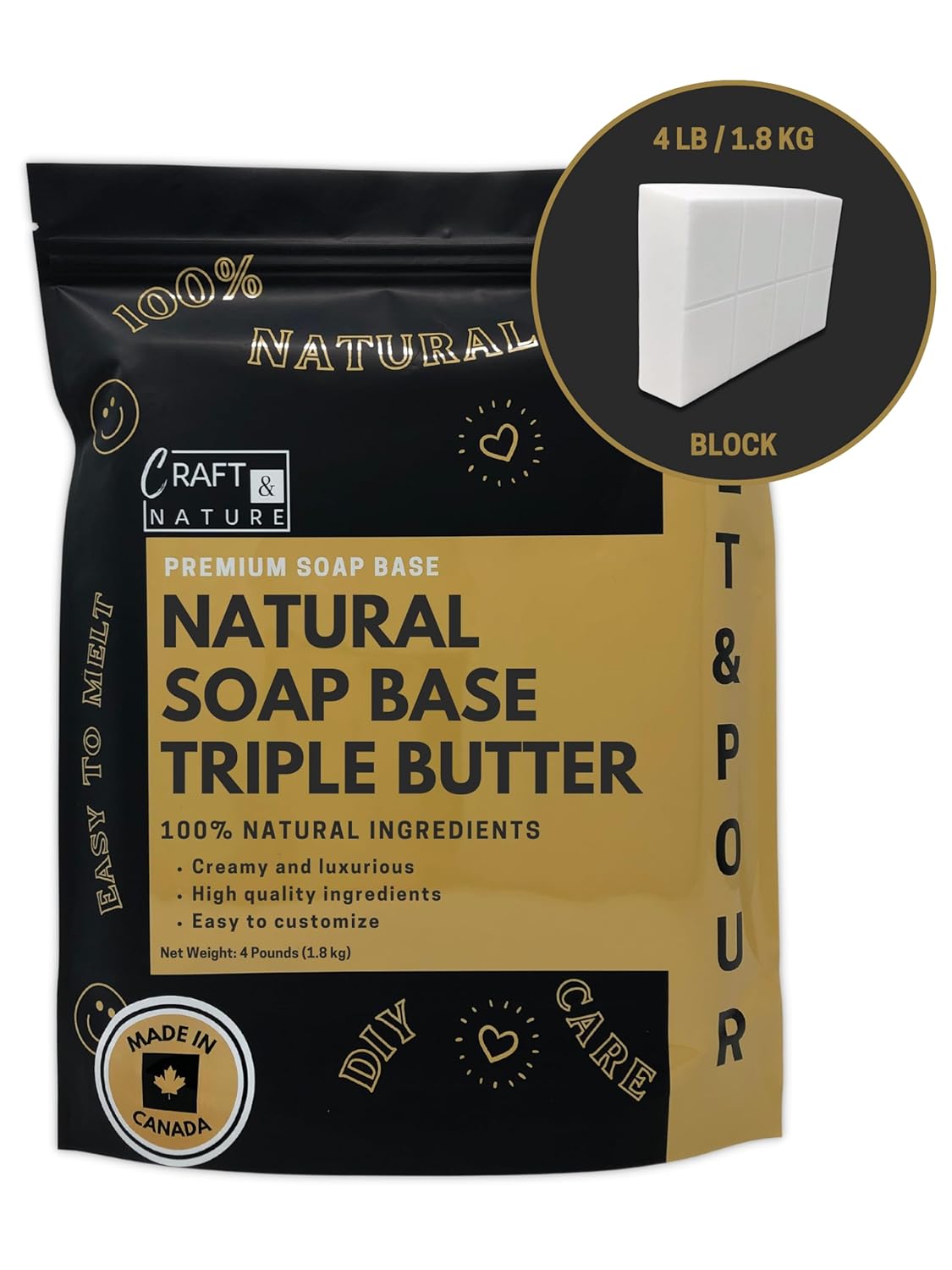 Craft & Nature 4 LB All Natural Unscented Triple Butter Moisturizing Glycerin Melt And Pour Soap Base for Soap Making