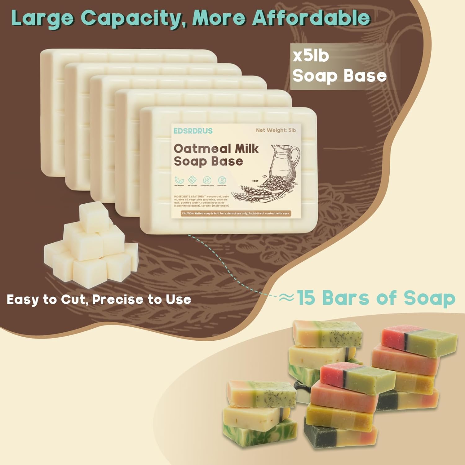 5lb Glycerin Soap Base - Scented Melt and Pour Soap Base for DIY Crafting, Easy to Cut, Vegan and Cruelty-Free, Moisturizing and Gentle on Skin for Soap Making Supplies (Oatmeal Milk, 5 Pound)