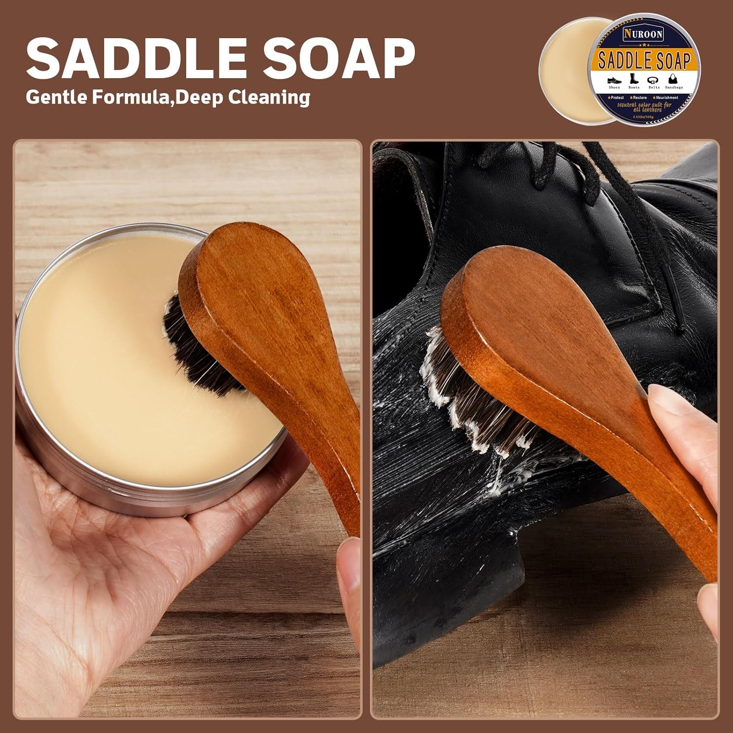 Nuroon Shoe Polish Kit, 3.5oz Saddle Soap for Leather Cleaning,3.5oz Mink Oil for Boots Polish,3 Horsehair Brushes