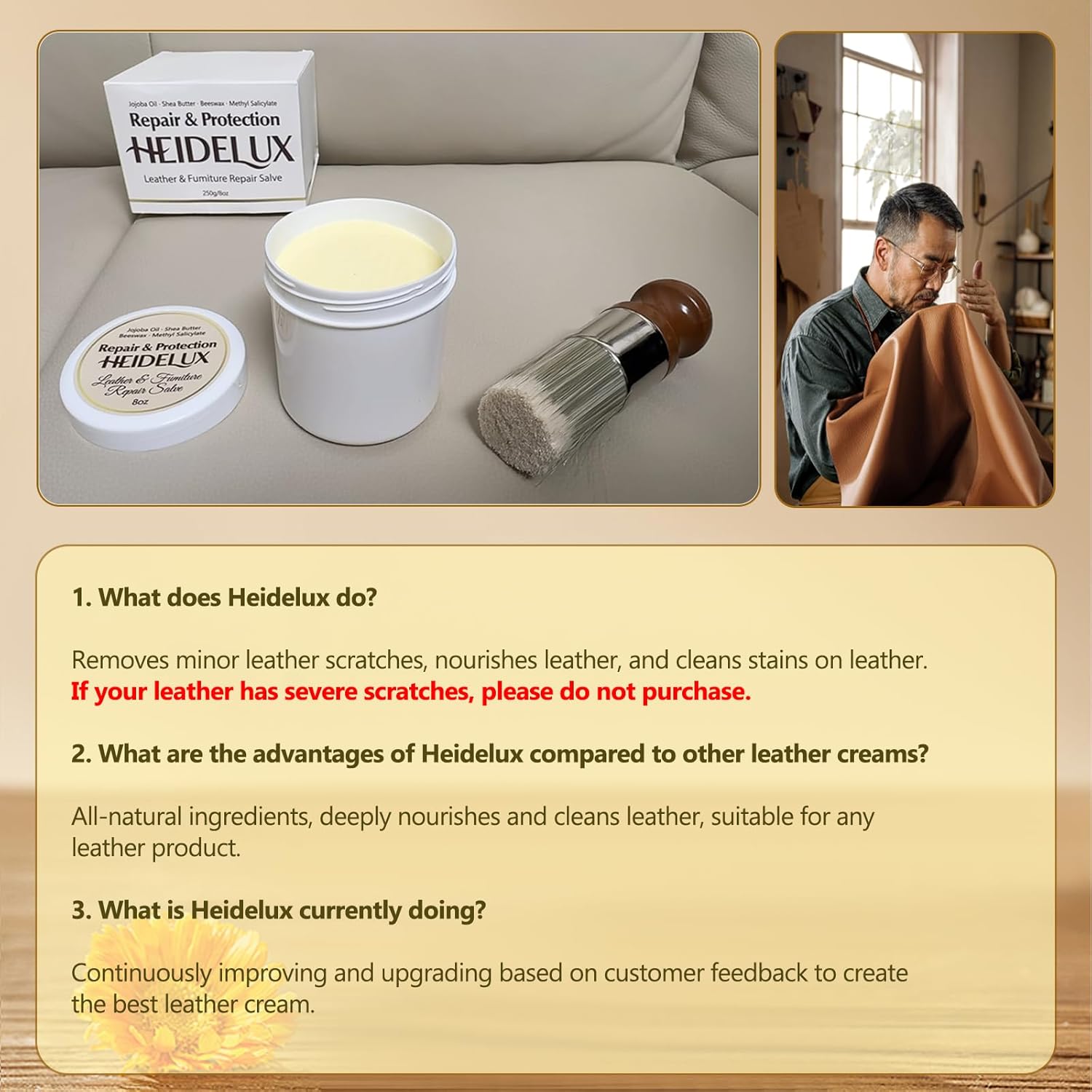 Alternative view of Heidelux Leather Restoration Cream - Repairs Scratches, Scuffs, Fading & Worn Spots - with Shea Butter, Jojoba, Avocado & Beeswax - Fast-Drying, Non-Staining, No Sticky - Residue Care Kit (1pc)