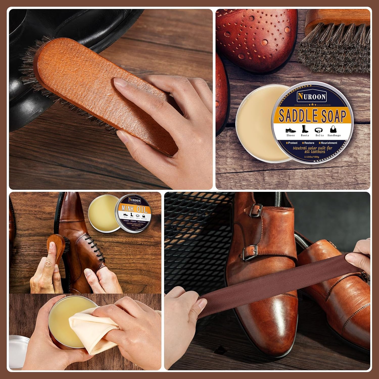 Alternative view of Nuroon Shoe Polish Kit, 3.5oz Saddle Soap for Leather Cleaning,3.5oz Mink Oil for Boots Polish,3 Horsehair Brushes
