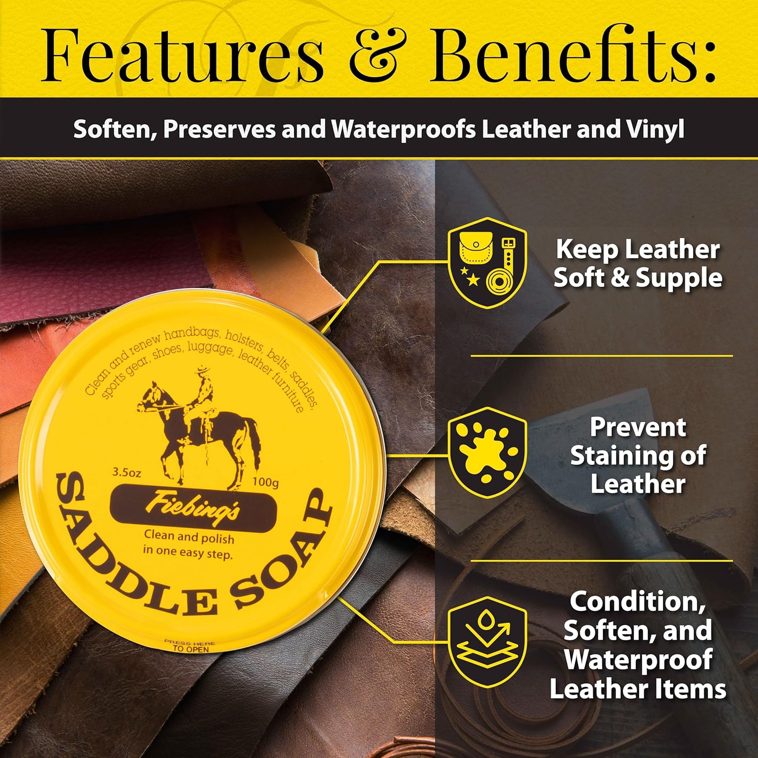 Alternative view of Fiebing's Yellow Saddle Soap for Leather (3.5 oz Tin) - Leather Cleaner & Conditioner to Soften, Protect & Restore Leathercraft - Leather Soap for Car Seat, Couch, Shoe, Purse, Boot, Bag, & Saddles
