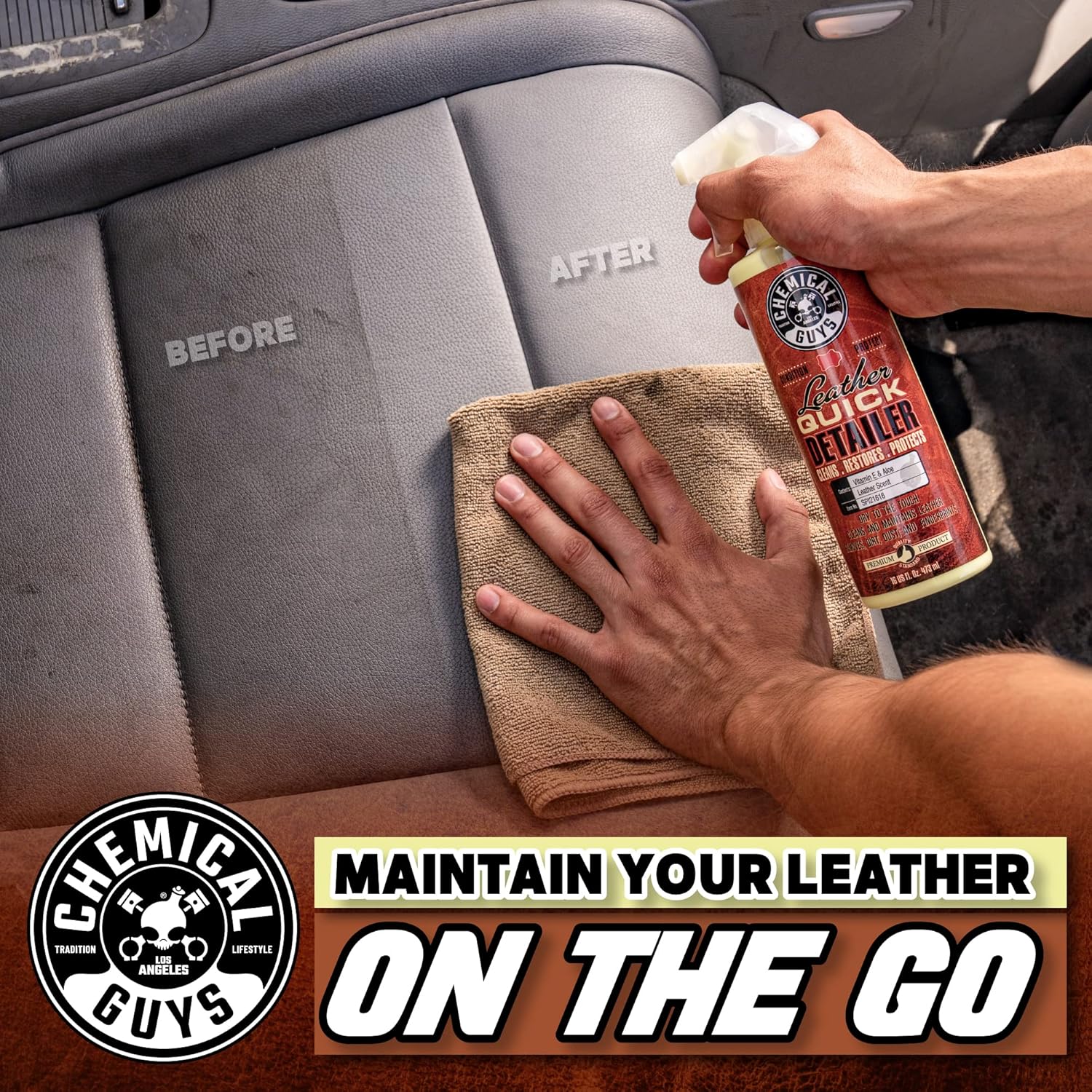 Chemical Guys Leather Quick Detailer - Interior Cleaner and Conditioner for Natural, Synthetic, Pleather, and More, Safe for Car Seats, Furniture, Apparel, Shoes & Boots, Leather Scented - 16 fl oz