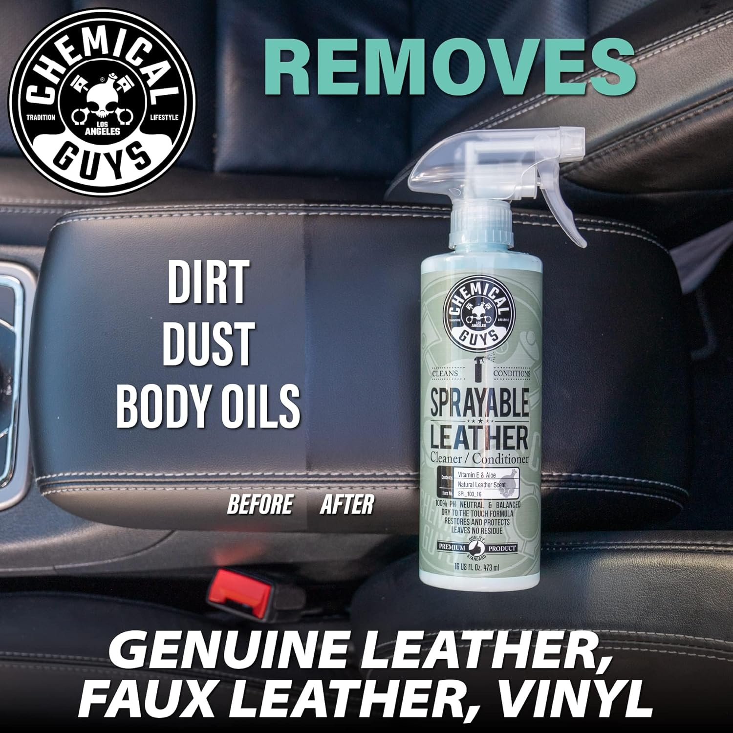Chemical Guys Sprayable Leather Cleaner and Conditioner in One - Cleans, Conditions, and Protects Leather, Vinyl, Faux & More, Safe for Cars, Furniture & Apparel - 16 oz