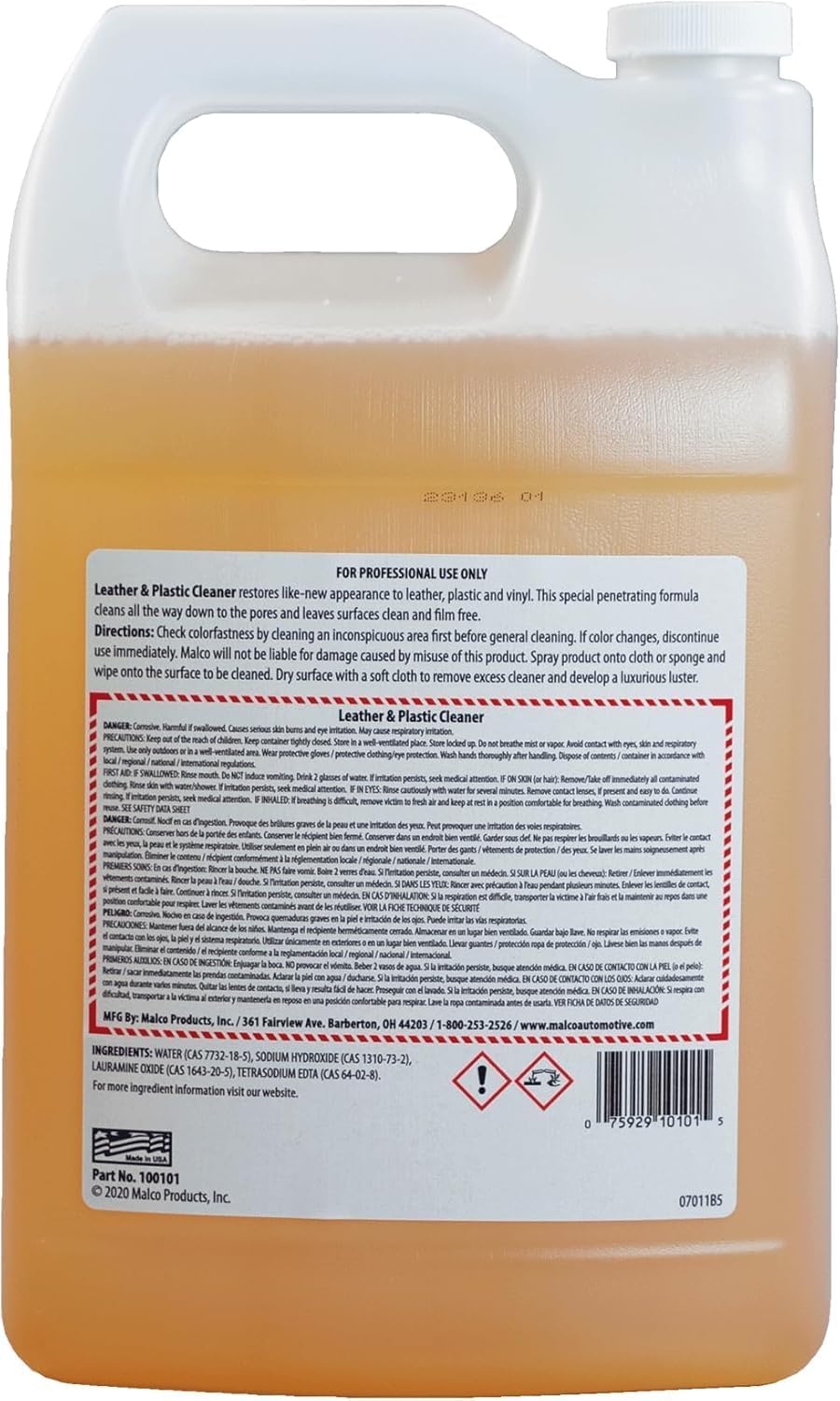 Malco Leather & Plastic Cleaner u2013 Penetrates Deep to Remove Dirt, Grime and Oily Soils/Restores Leather, Plastic and Vinyl/Leaves Surfaces Clean, Shiny and Film-Free / 1 Gallon (100101)