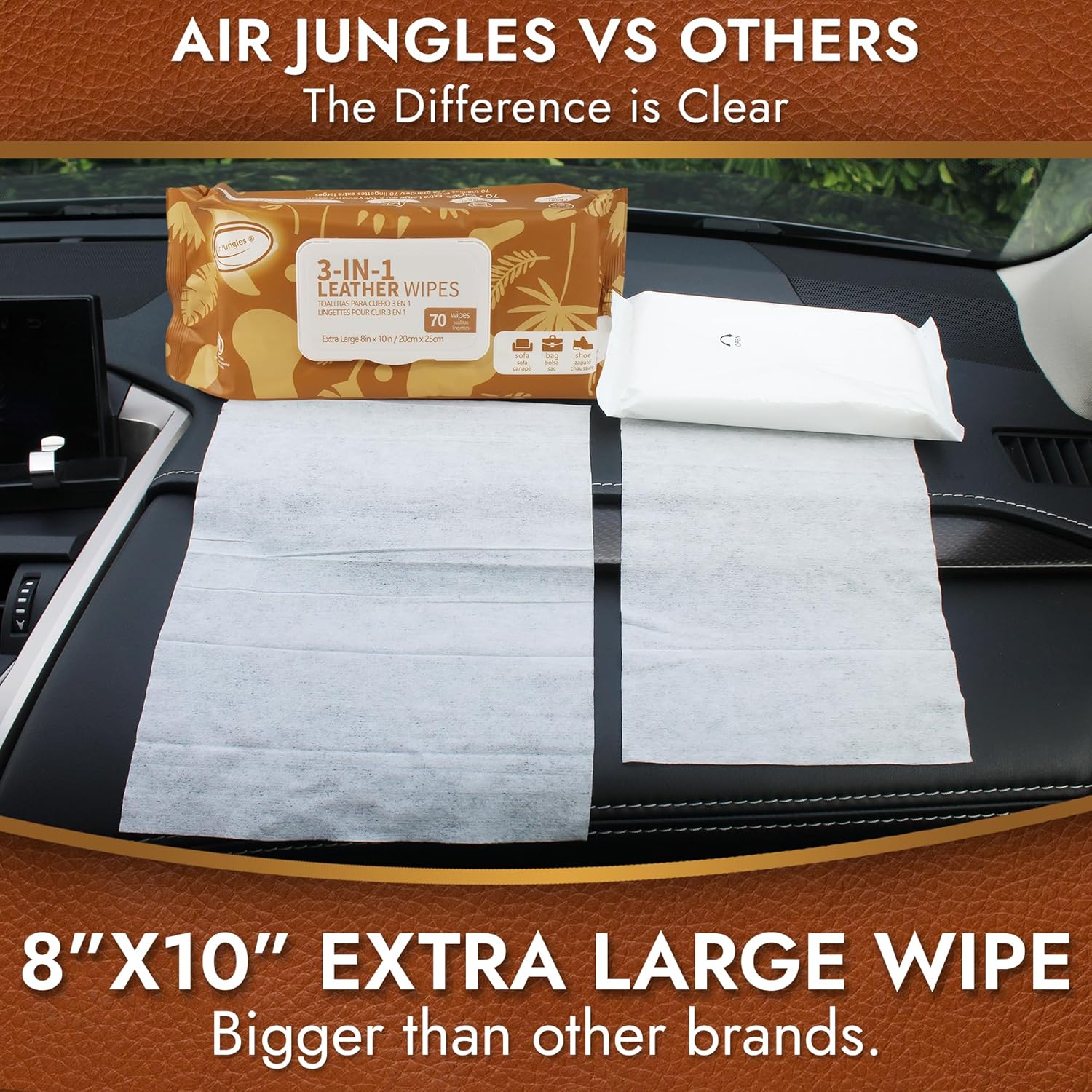 Air Jungles 3in1 Leather Cleaner Wipes 70 Count, Extra Large 8" x 10" Size, Clean Condition Protect Wipes for Vinyl and Leather Apparel Furniture Auto Car Interior Shoes Boots Bags