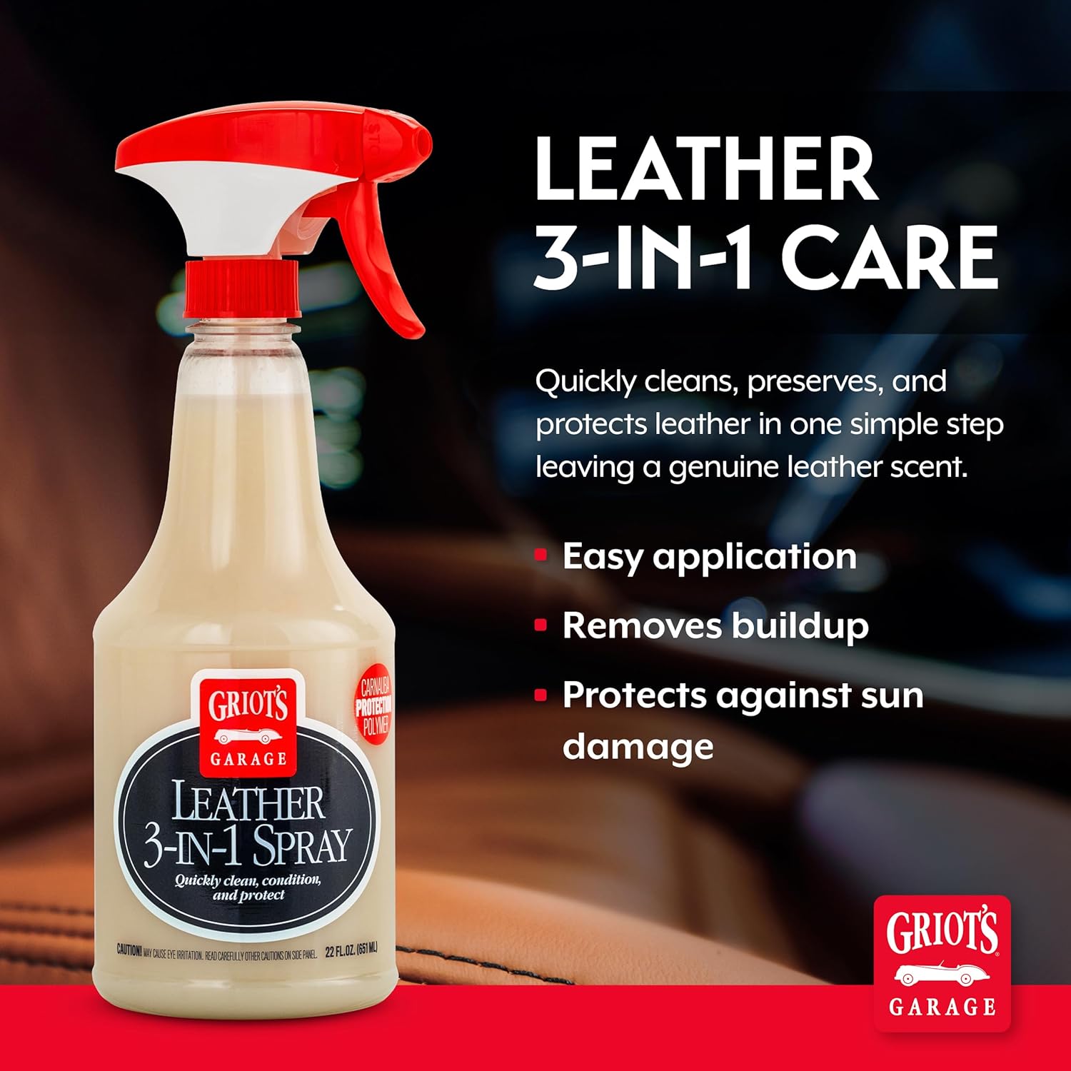 Griot's Garage Leather 3-in-1 Spray, Cleaner and Conditioner for Leather and Vinyl, Car Seats and Vehicle Interior, Truck, RV, Boats, and Home, 10963, 22 oz