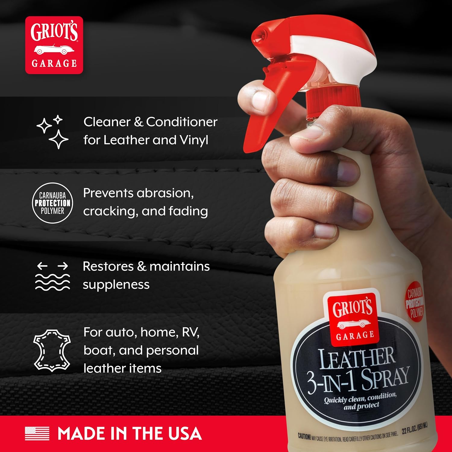 Alternative view of Griot's Garage Leather 3-in-1 Spray, Cleaner and Conditioner for Leather and Vinyl, Car Seats and Vehicle Interior, Truck, RV, Boats, and Home, 10963, 22 oz