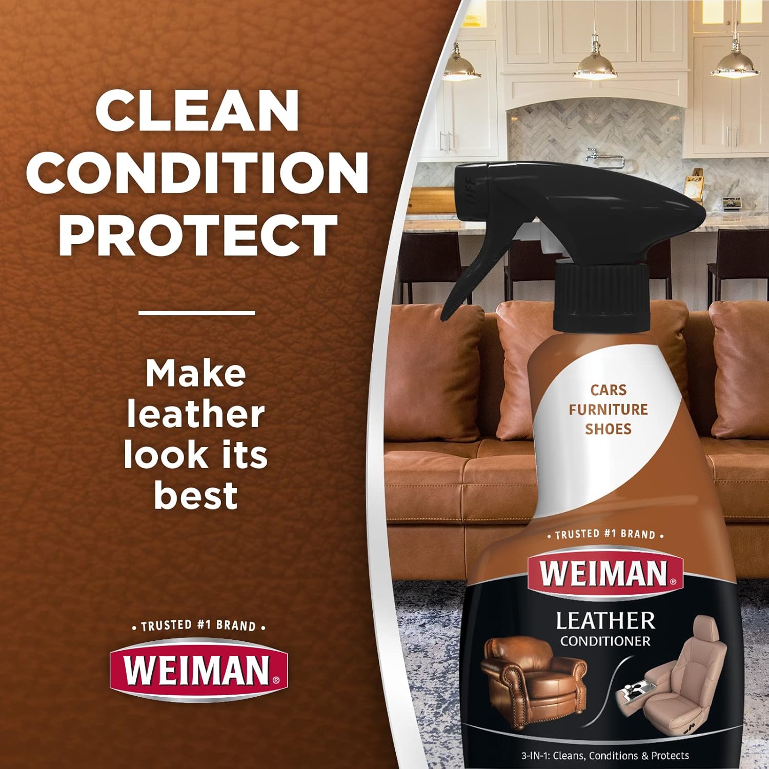 Weiman Leather Cleaner, Polish and Conditioner for Furniture, Car, Purses, Shoes, Boots and Couches- Micro Fiber Towel Included, 22oz