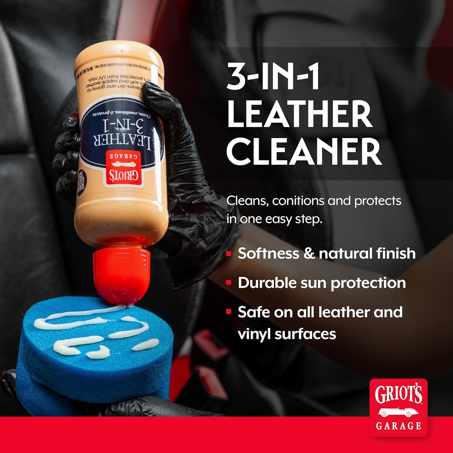 Griot's Garage Leather 3-in-1, Leather Cleaner and Conditioner for Car Leather Seat Upholstery, Sofa, Jacket, Shoes, and More, Cleans, Conditions, and Protects, 16 Oz, 11019