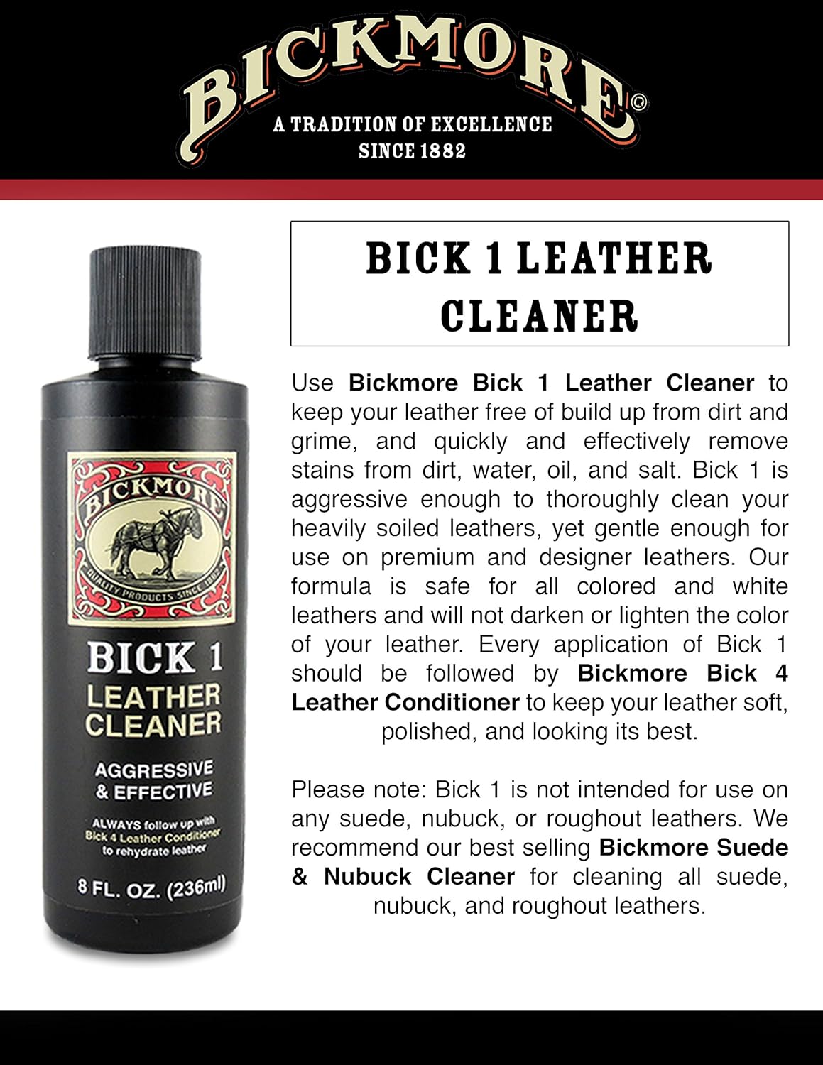 Alternative view of Bickmore Bick 1 Leather Cleaner 8 oz - Clean Dirt, Oil, Sweat, Salt, and Water Stains from All Colored, White, and Black Leather
