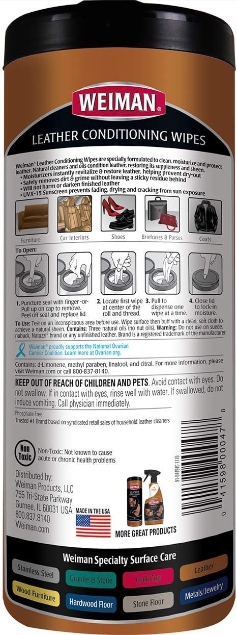 Alternative view of Weiman Leather Wipes - 2 Pack - Clean Condition UV Protection Help Prevent Cracking or Fading of Leather Furniture, Car Seats & Interior, Shoes and More