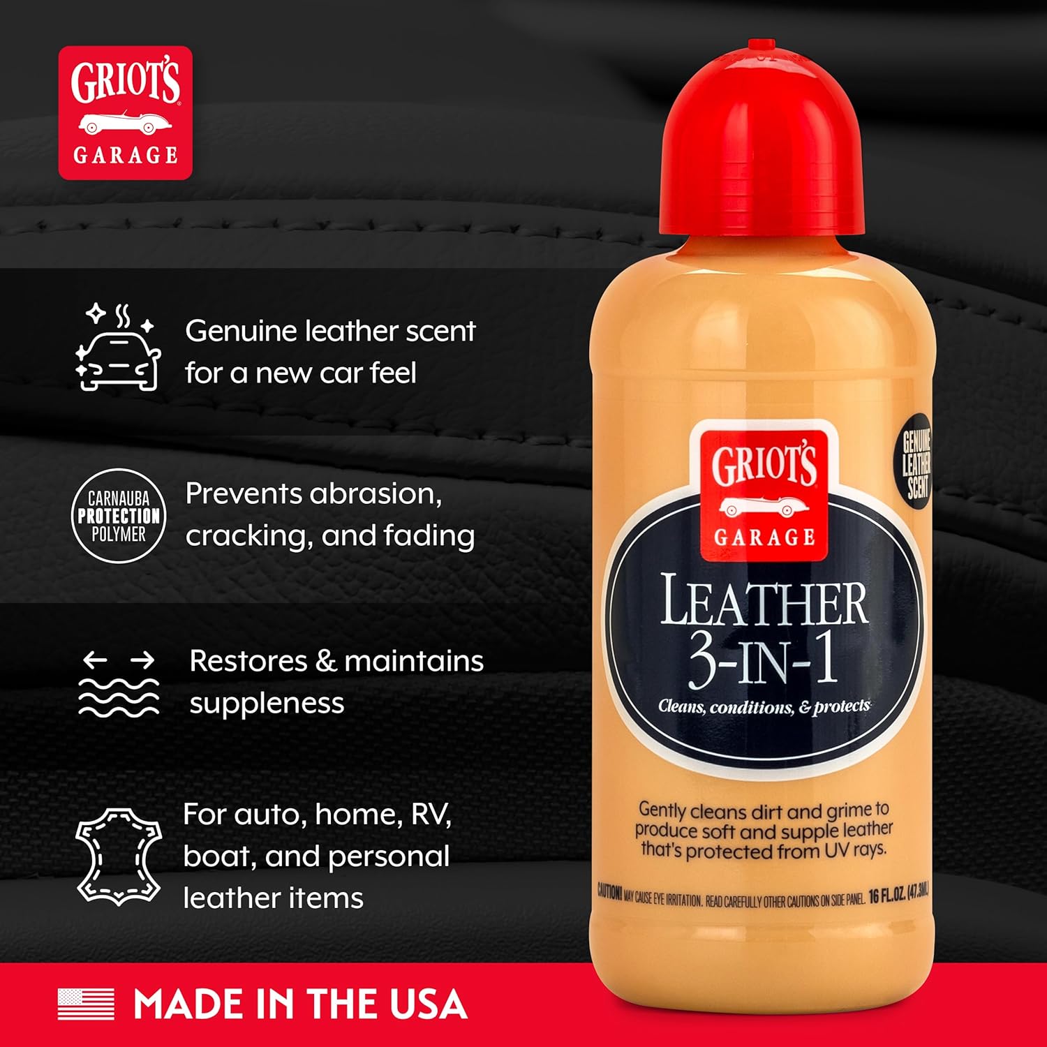 Alternative view of Griot's Garage Leather 3-in-1, Leather Cleaner and Conditioner for Car Leather Seat Upholstery, Sofa, Jacket, Shoes, and More, Cleans, Conditions, and Protects, 16 Oz, 11019