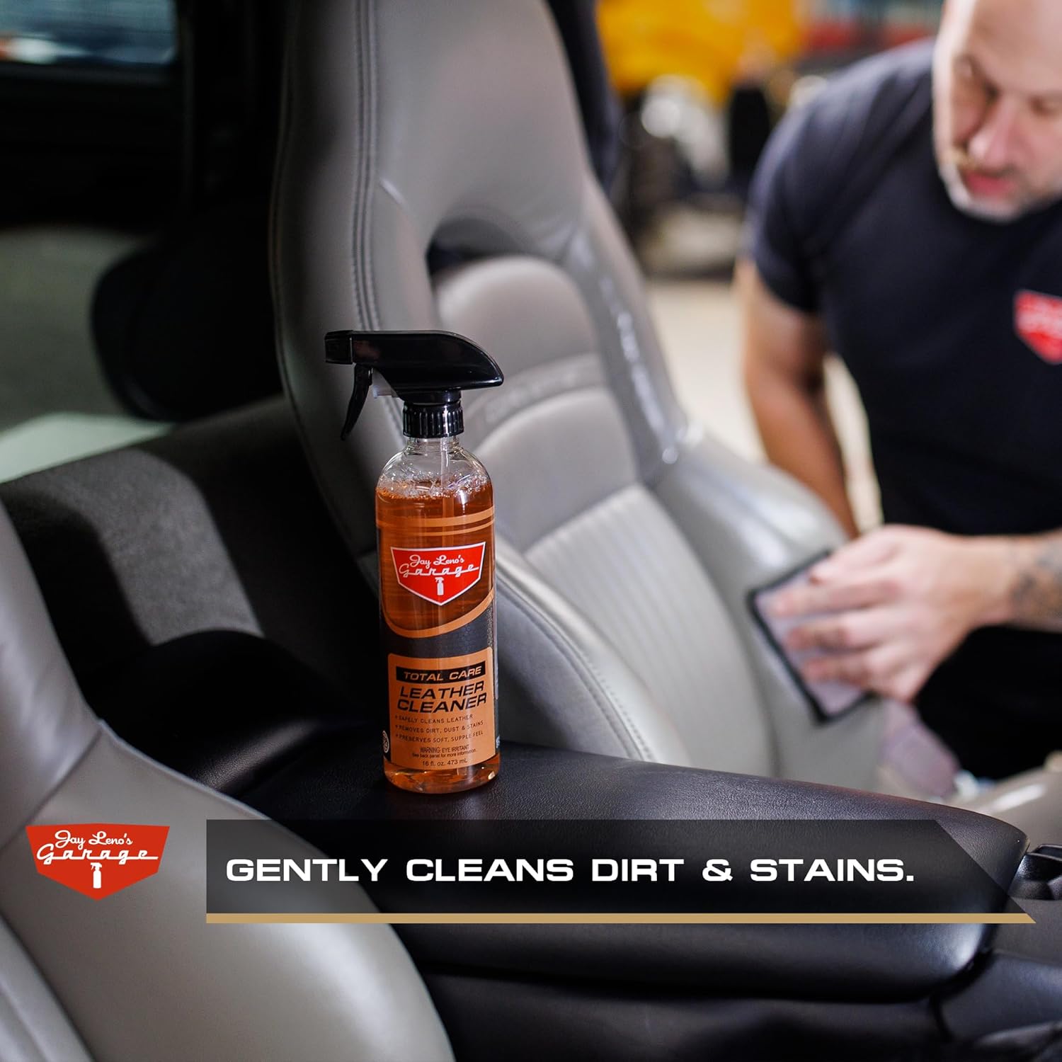 Jay Leno's Garage Leather Cleaner u2013 Deep-Cleaning Leather Seat Cleaner for Car Interior, pH-Balanced Car Refresher That Gently Cleans, Lifts Grime, Refurbish and Restores All Leather Surfaces (16 oz)
