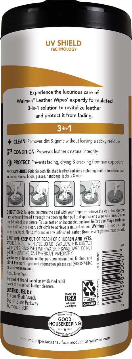 Alternative view of Weiman Leather Cleaner Wipes - Clean Condition UV Protection Help Prevent Cracking or Fading of Furniture, Car Interior, Couch, and Shoes, 4 Pack