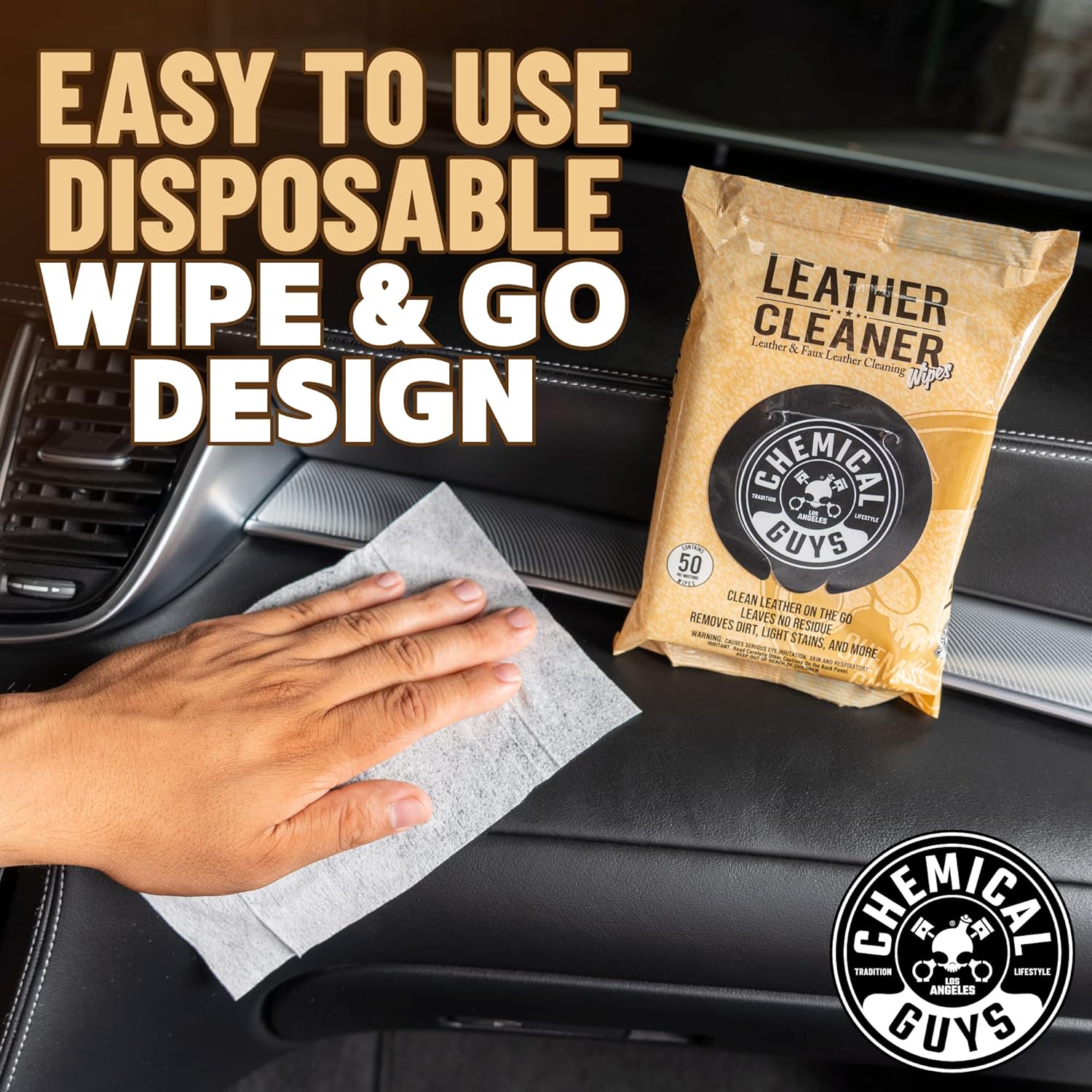 Alternative view of Chemical Guys Leather Cleaner Wipes Mega 50 Pack - Interior Leather Wipes for Cars, Natural, Synthetic, Faux & Pleather Surfaces, Safe for Cars, Trucks, Furniture, Boots & More, Convenient 50 Count