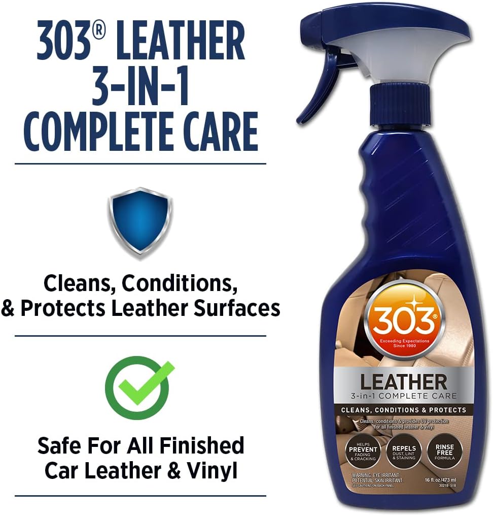 303 Products Leather 3-In-1 Complete Care - Cleans, Conditions, & Protects - Helps Prevent Fading & Cracking - Rinse Free Formula - Repels Dust, Lint, & Staining, 16 fl. oz. (30218CSR) Packaging May Vary
